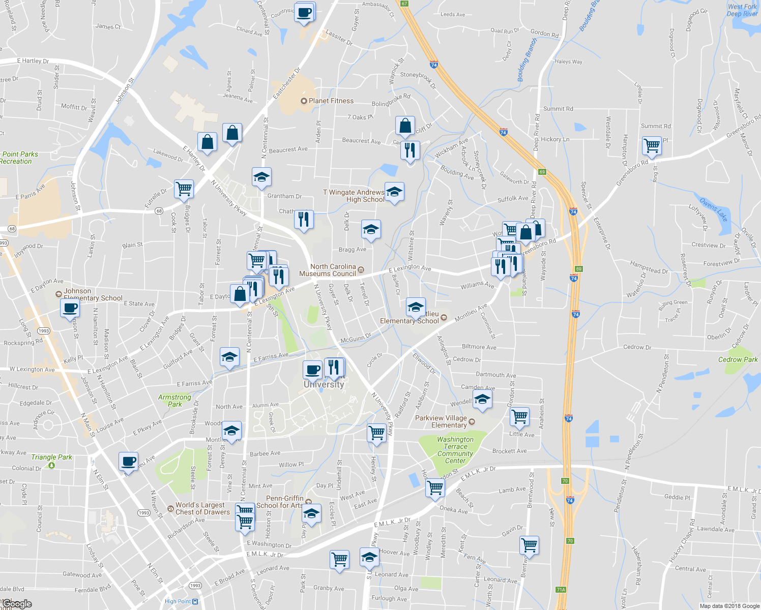 map of restaurants, bars, coffee shops, grocery stores, and more near 1501 McGuinn Drive in High Point
