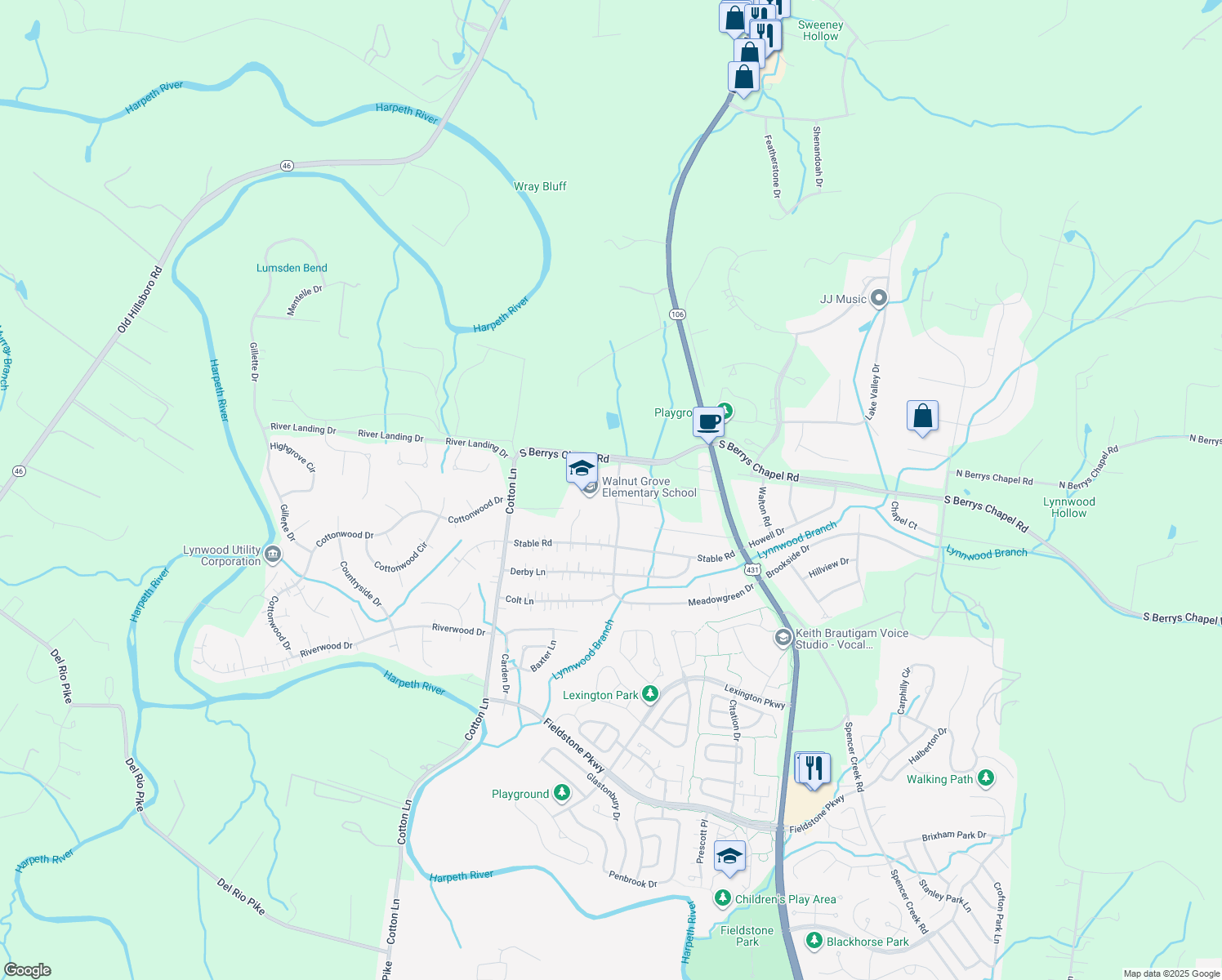 map of restaurants, bars, coffee shops, grocery stores, and more near 605 Meadowgreen Drive in Franklin