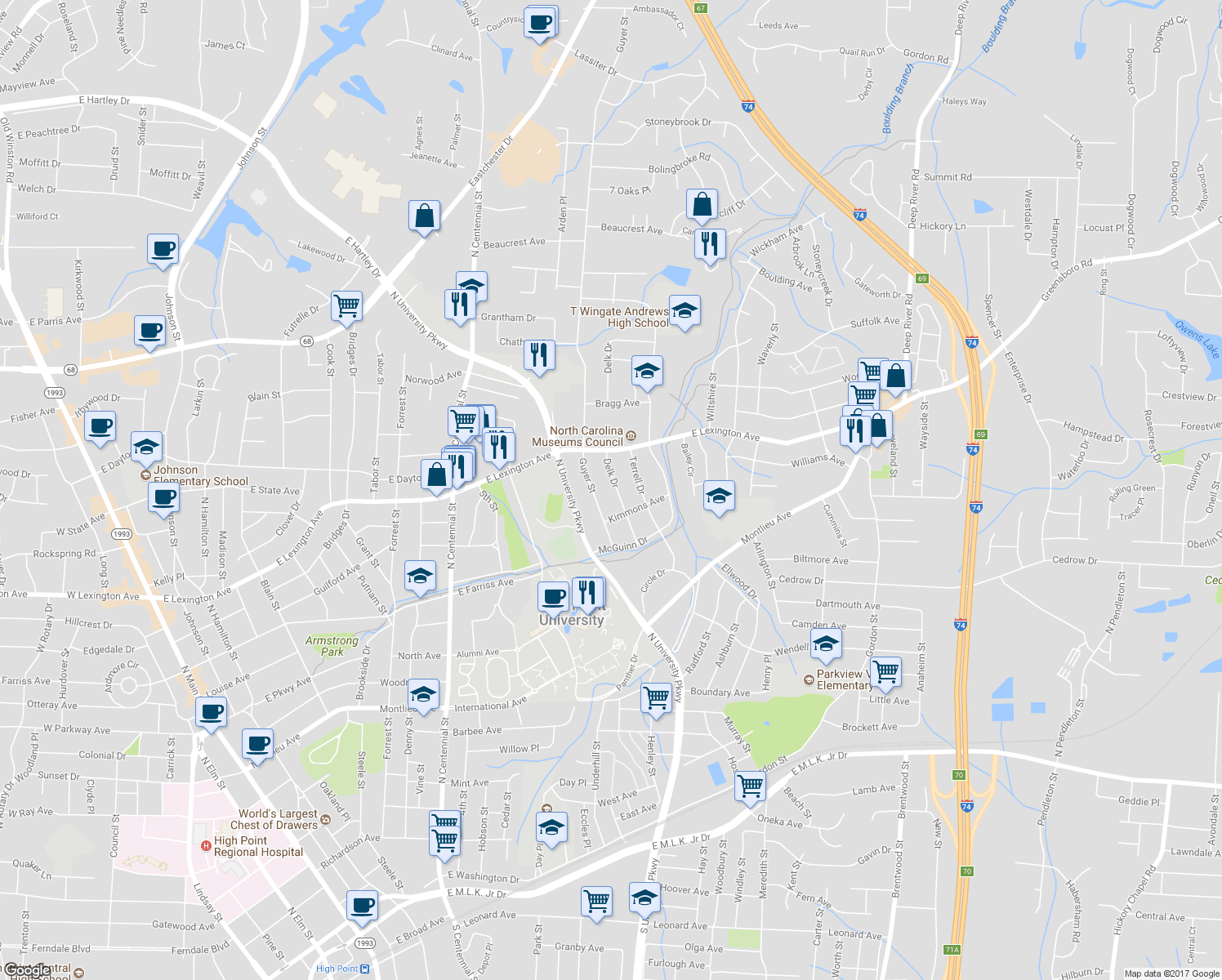 map of restaurants, bars, coffee shops, grocery stores, and more near 1213 Delk Drive in High Point