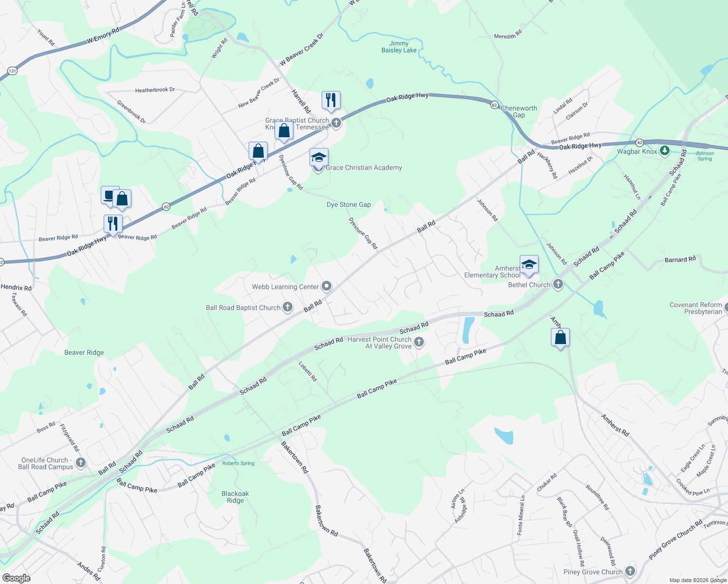map of restaurants, bars, coffee shops, grocery stores, and more near 3334 Hunt Crest Road in Knoxville