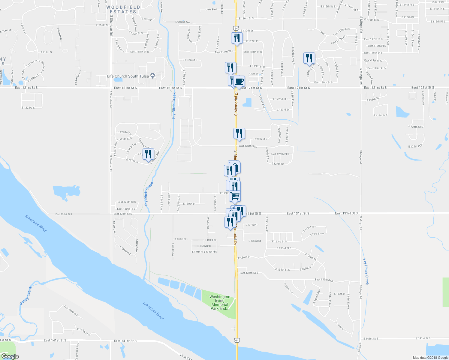 map of restaurants, bars, coffee shops, grocery stores, and more near 12820 South Memorial Drive in Bixby