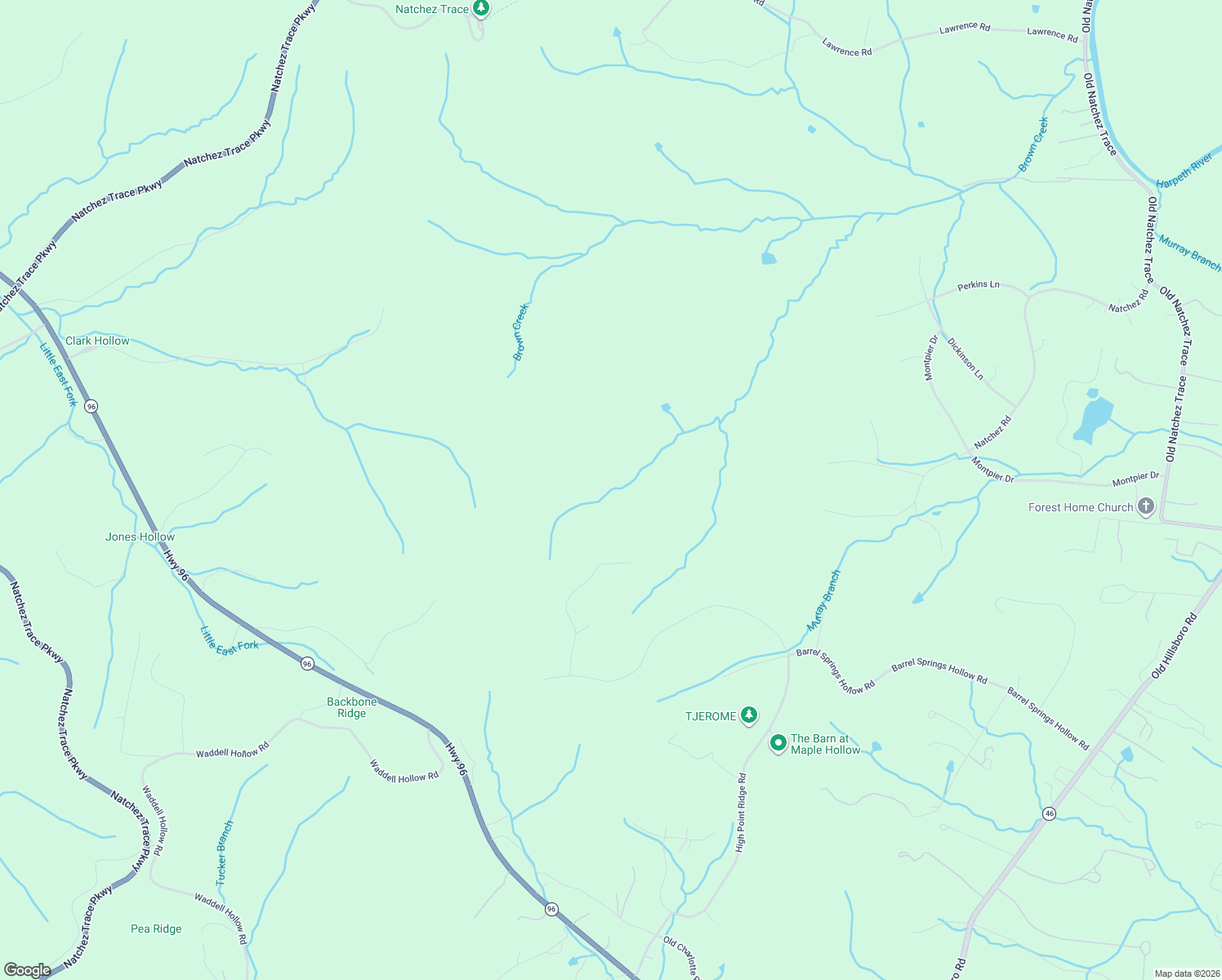 map of restaurants, bars, coffee shops, grocery stores, and more near 1520 Natchez Road in Franklin