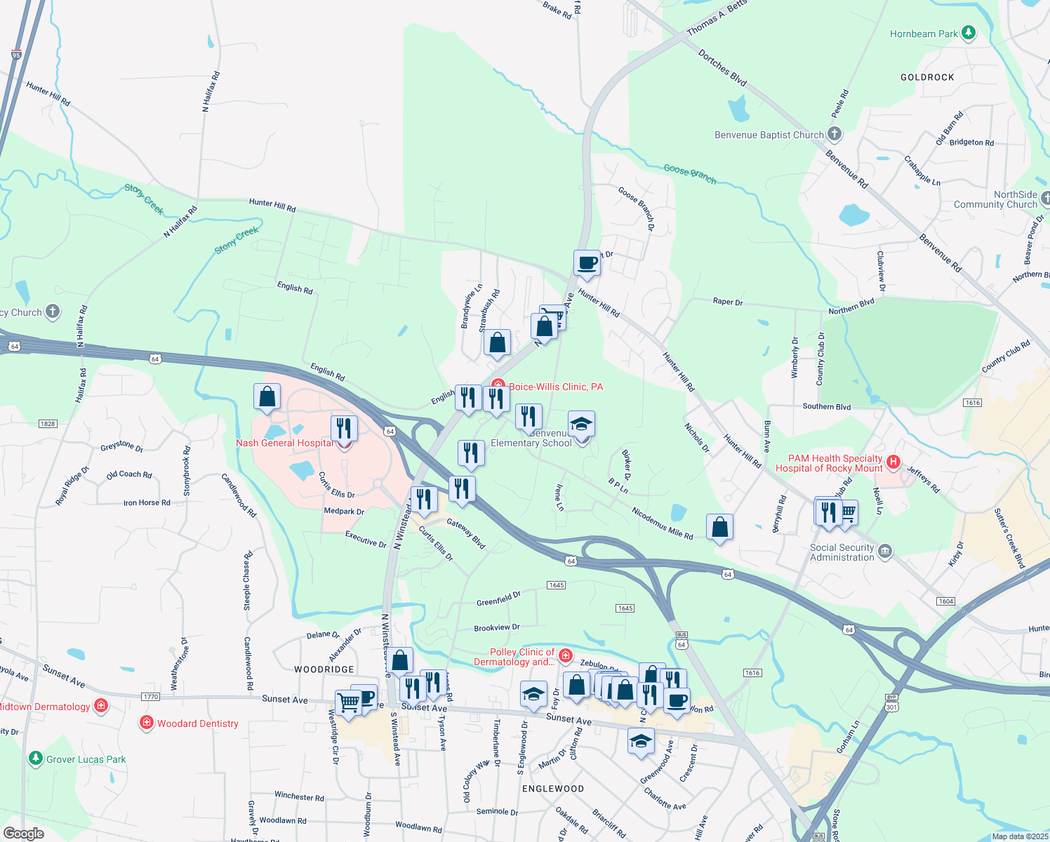 map of restaurants, bars, coffee shops, grocery stores, and more near 804 English Road in Rocky Mount
