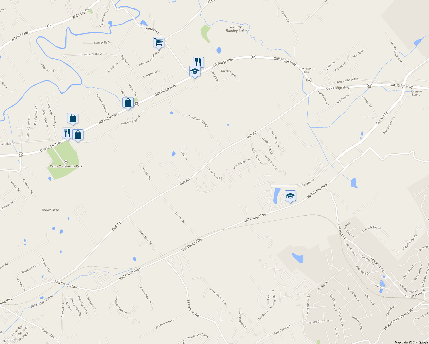 map of restaurants, bars, coffee shops, grocery stores, and more near 3334 Hunt Crest Road in Knoxville