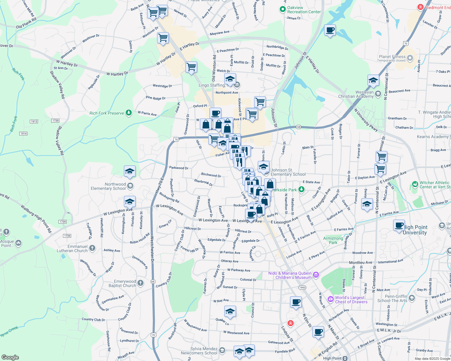 map of restaurants, bars, coffee shops, grocery stores, and more near 1604 Laurel Lane in High Point