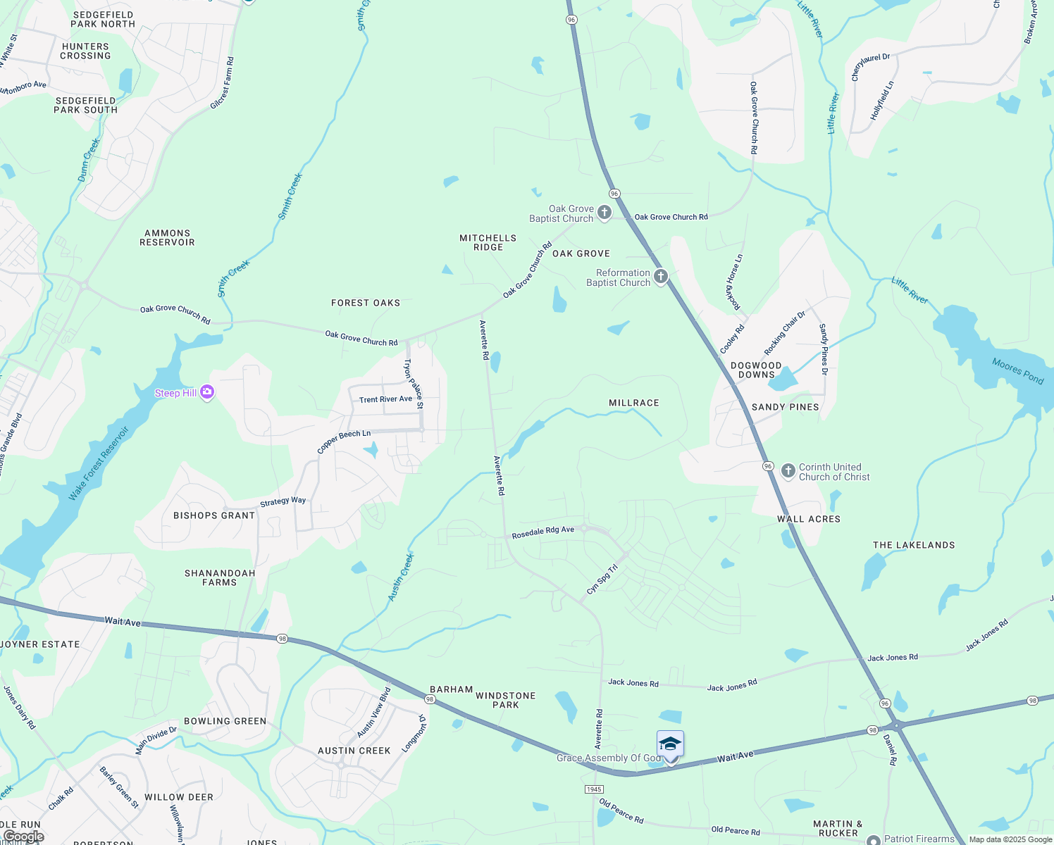 map of restaurants, bars, coffee shops, grocery stores, and more near 5217 Mill Dam Road in Wake Forest