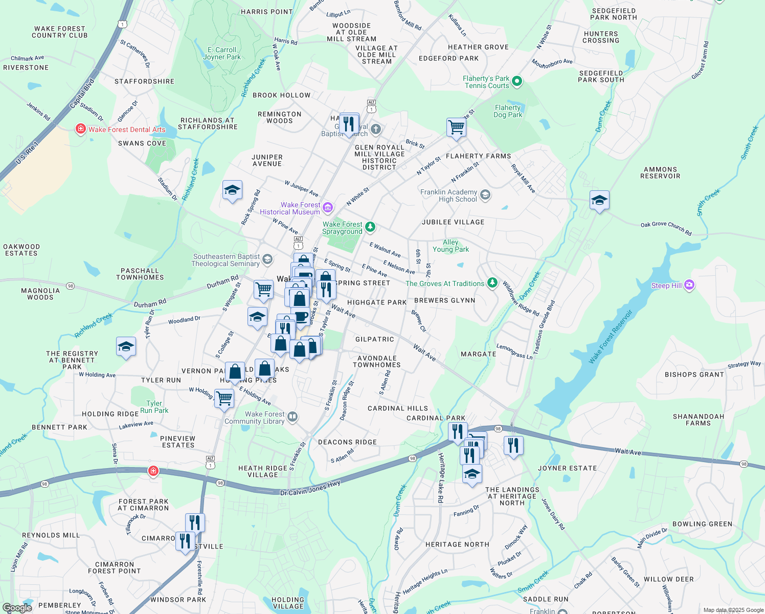 map of restaurants, bars, coffee shops, grocery stores, and more near 204 Highgate Circle in Wake Forest