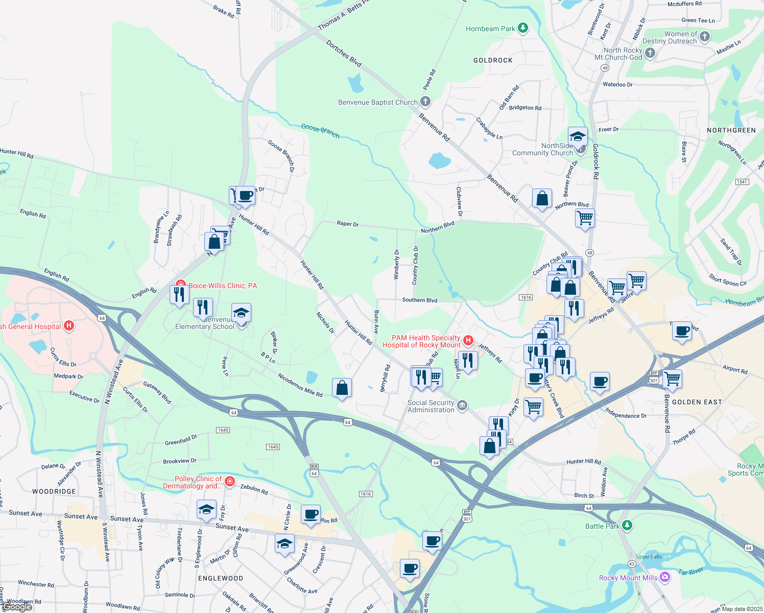 map of restaurants, bars, coffee shops, grocery stores, and more near 103 Bunn Avenue in Rocky Mount