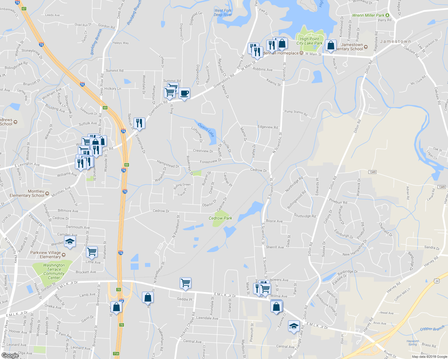 map of restaurants, bars, coffee shops, grocery stores, and more near 419 Lardner Place in High Point