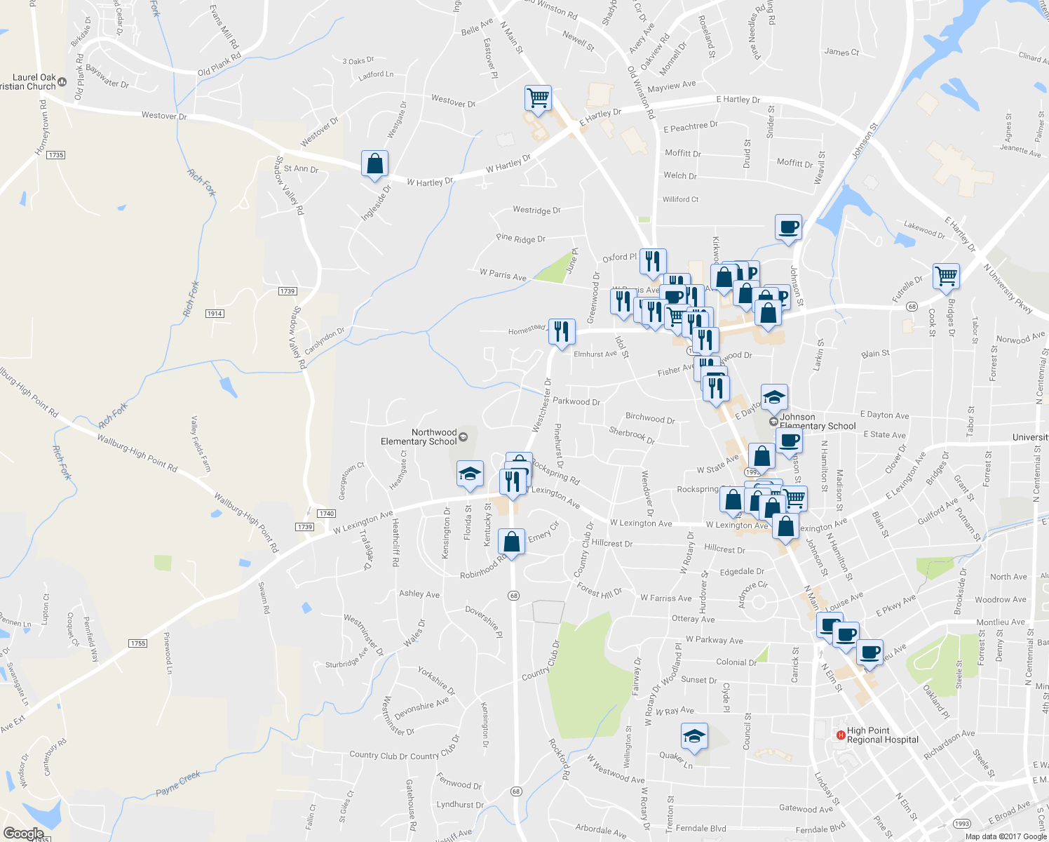 map of restaurants, bars, coffee shops, grocery stores, and more near 808 Parkwood Circle in High Point