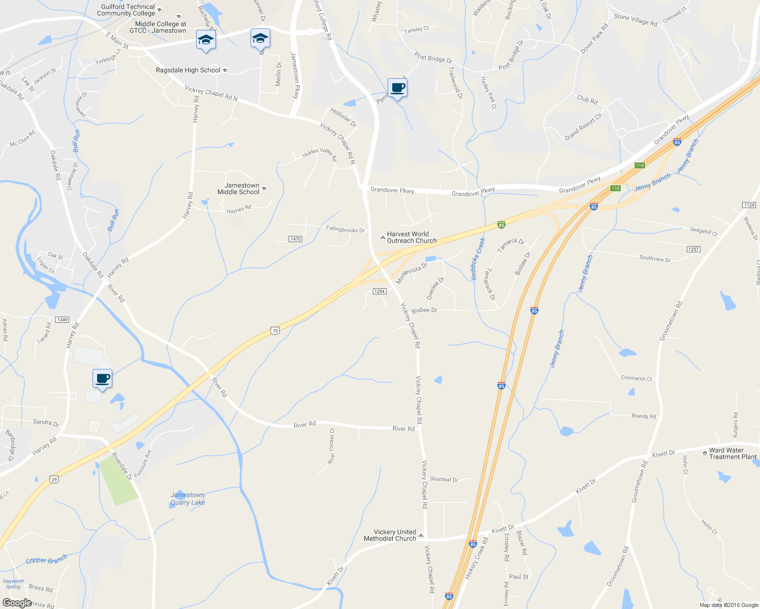 map of restaurants, bars, coffee shops, grocery stores, and more near 5102 Melody Lane in Greensboro