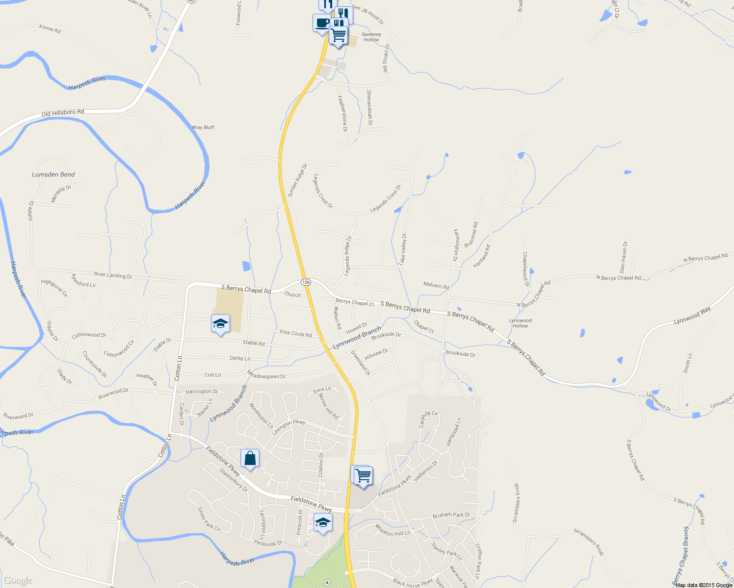 map of restaurants, bars, coffee shops, grocery stores, and more near 205 Lake Ridge Court in Franklin