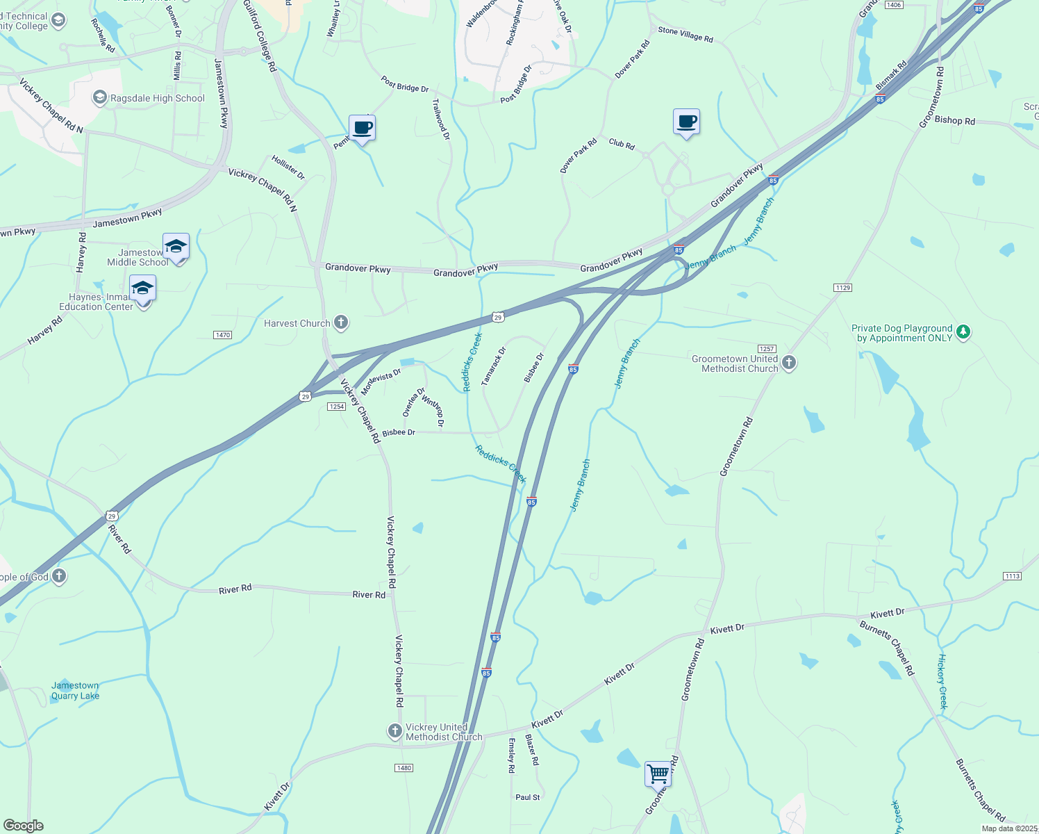 map of restaurants, bars, coffee shops, grocery stores, and more near 4817 Bisbee Drive in Greensboro