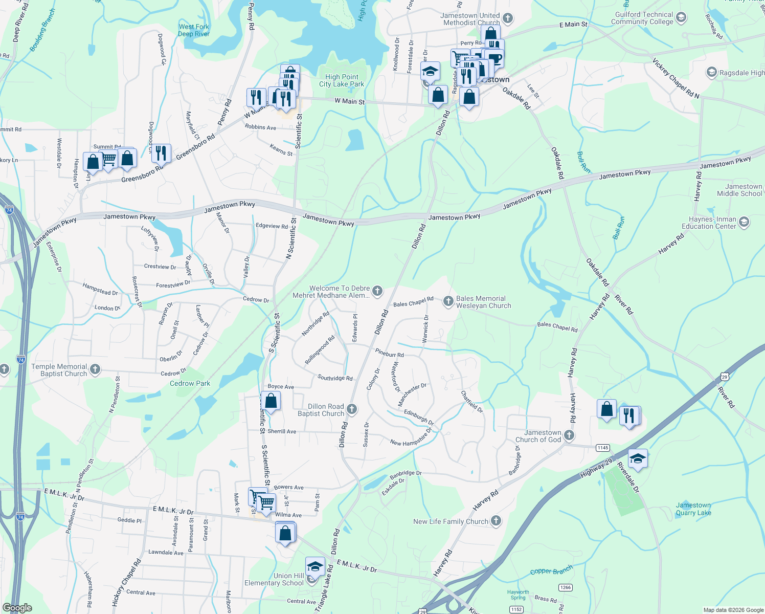 map of restaurants, bars, coffee shops, grocery stores, and more near 3321 Dillon Road in Jamestown