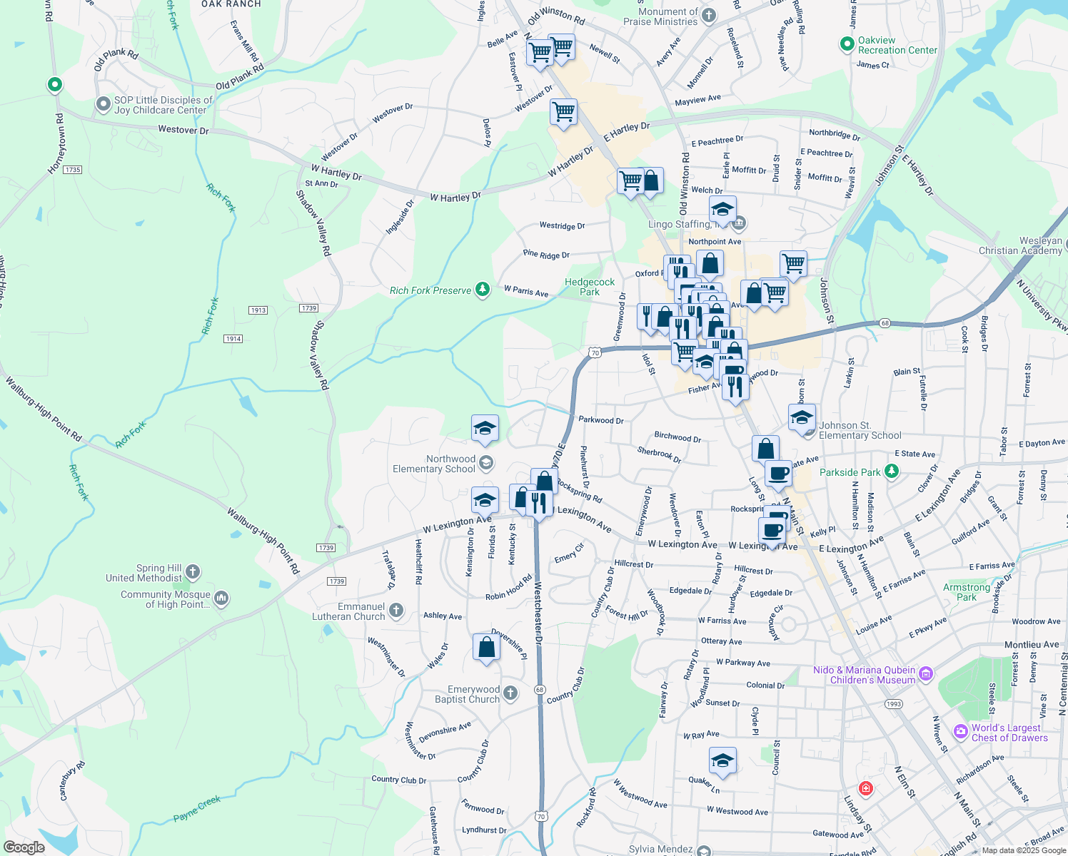 map of restaurants, bars, coffee shops, grocery stores, and more near 1505 Cherokee Drive in High Point