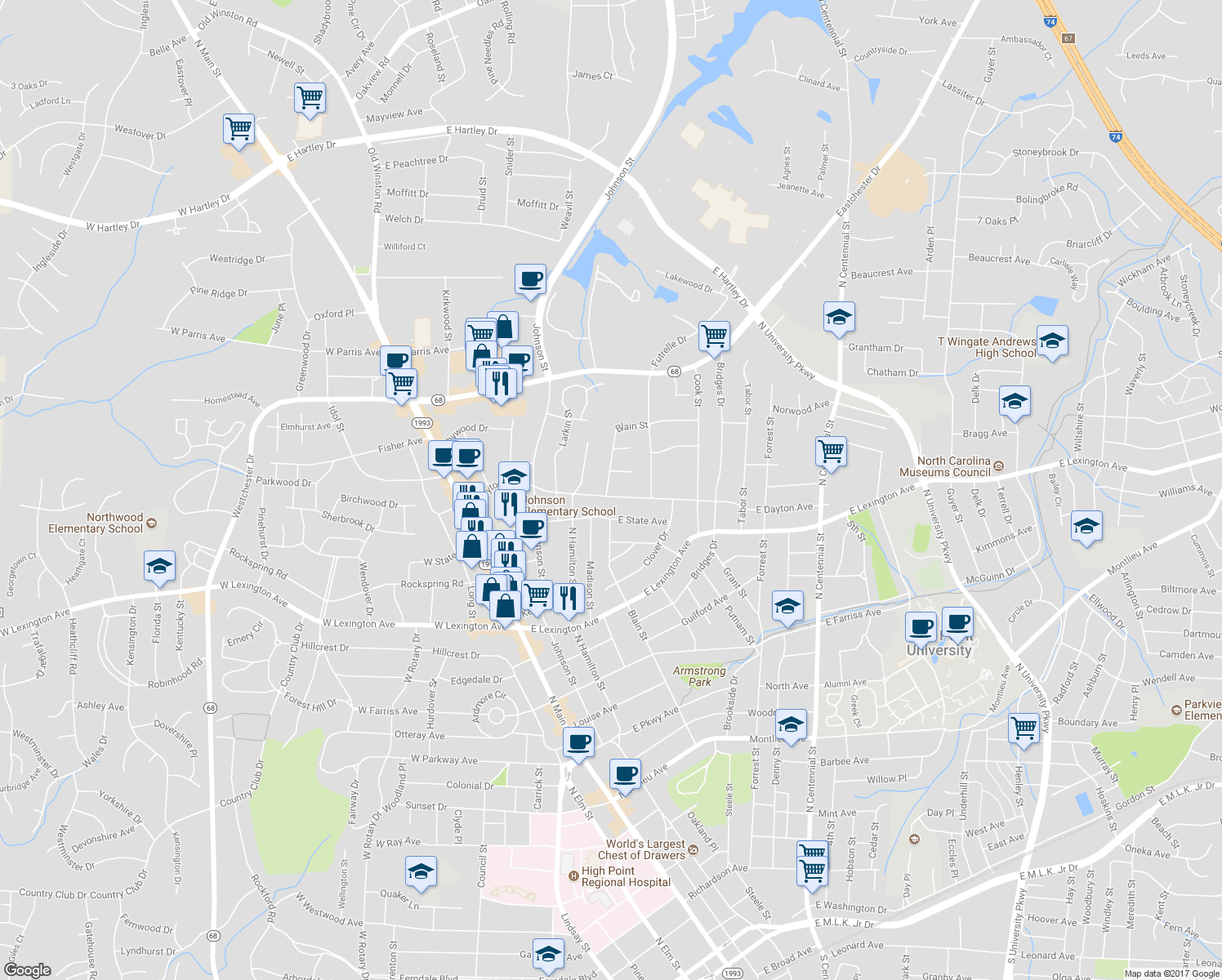 map of restaurants, bars, coffee shops, grocery stores, and more near 501 East Dayton Avenue in High Point