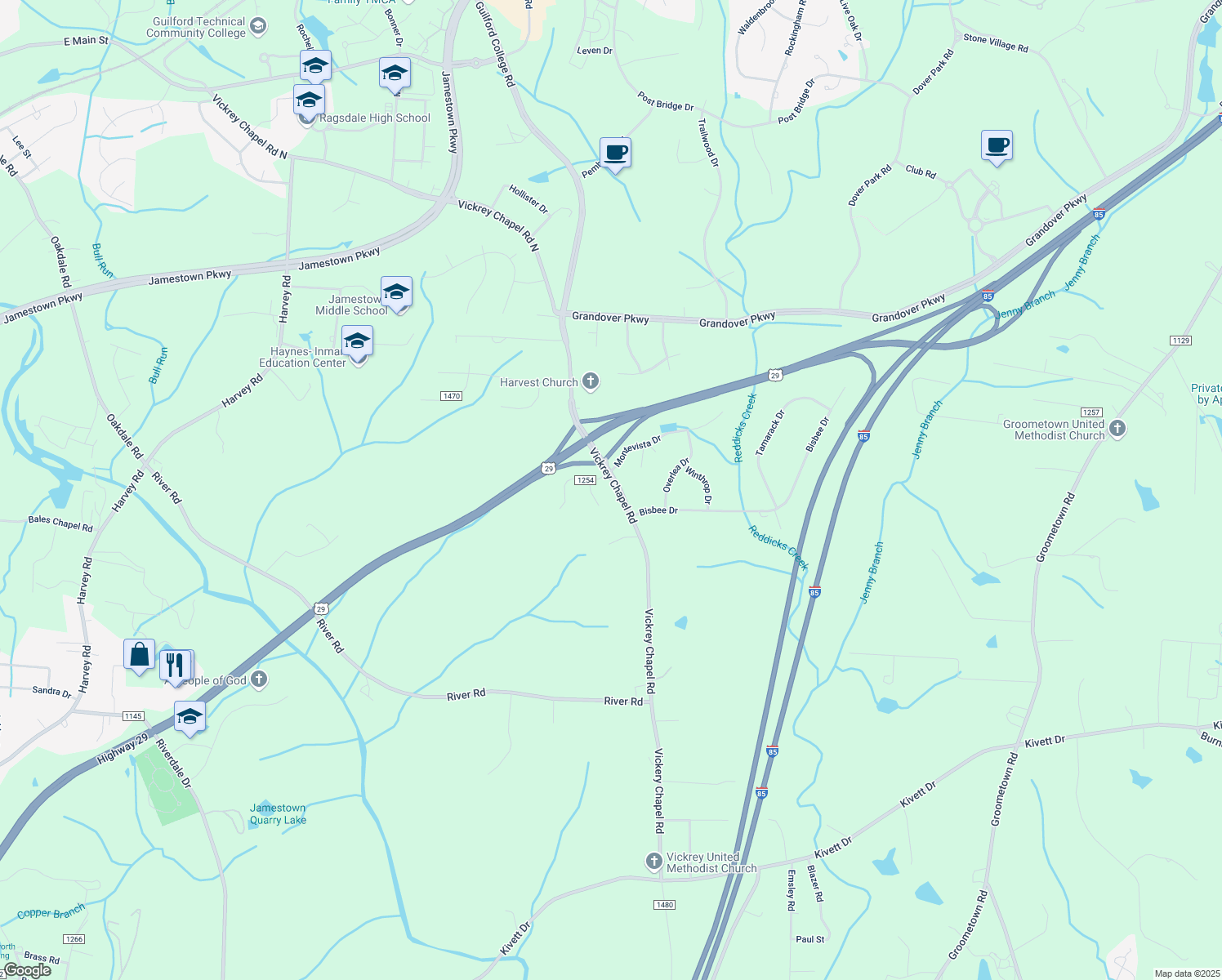 map of restaurants, bars, coffee shops, grocery stores, and more near 5110 Vickrey Chapel Rd in Greensboro