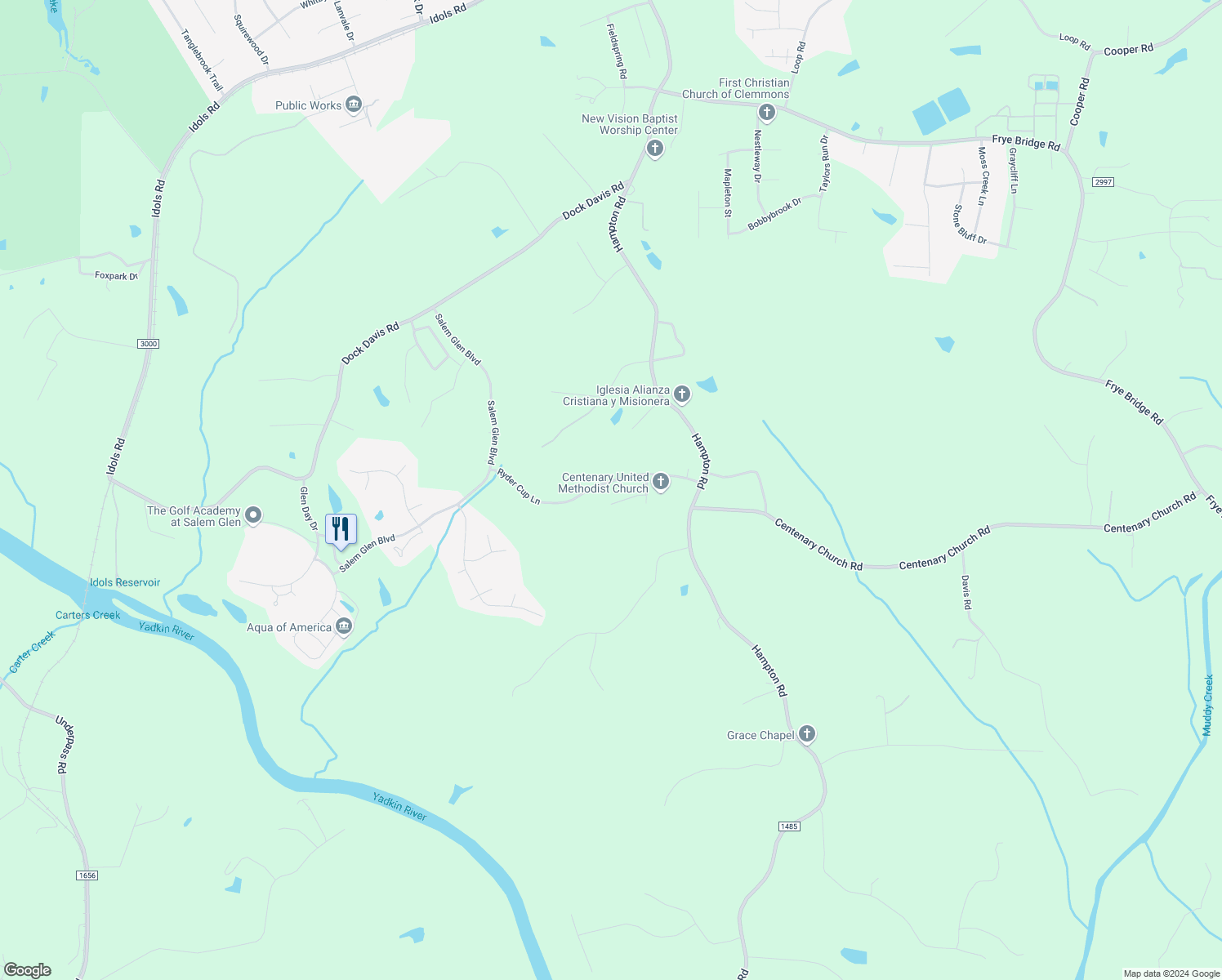 map of restaurants, bars, coffee shops, grocery stores, and more near 482 Ryder Cup Lane in Clemmons