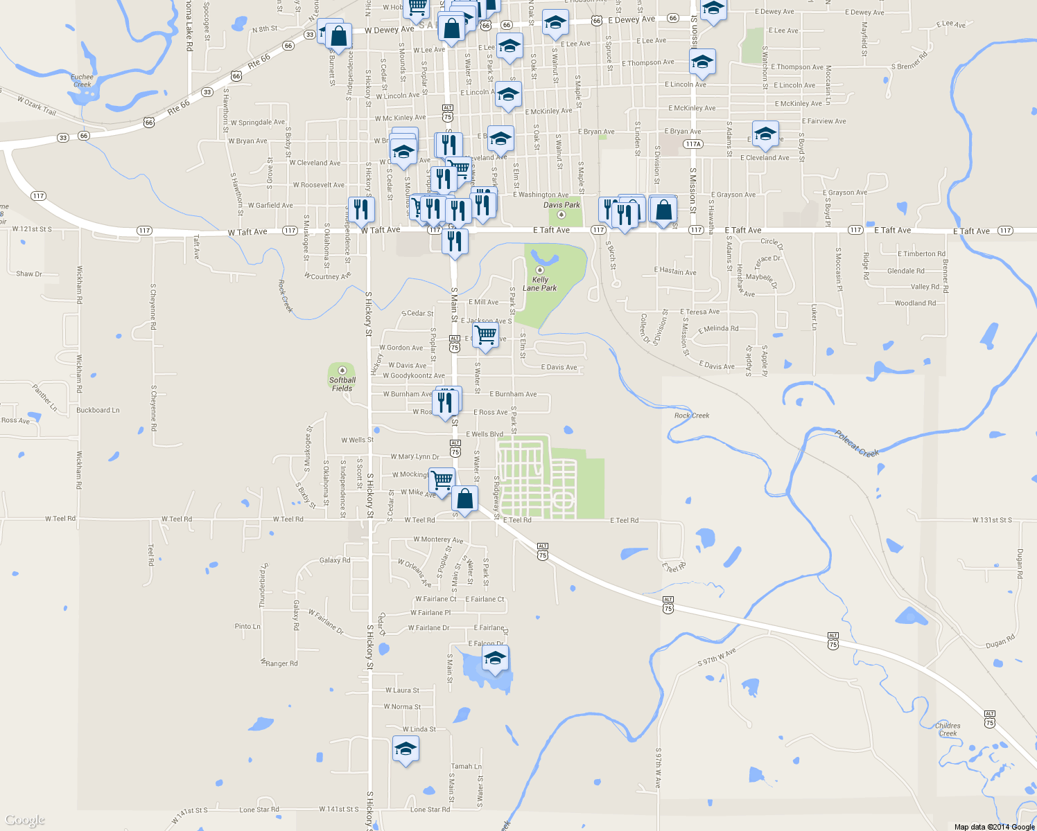 map of restaurants, bars, coffee shops, grocery stores, and more near 1707 S Park St in Sapulpa