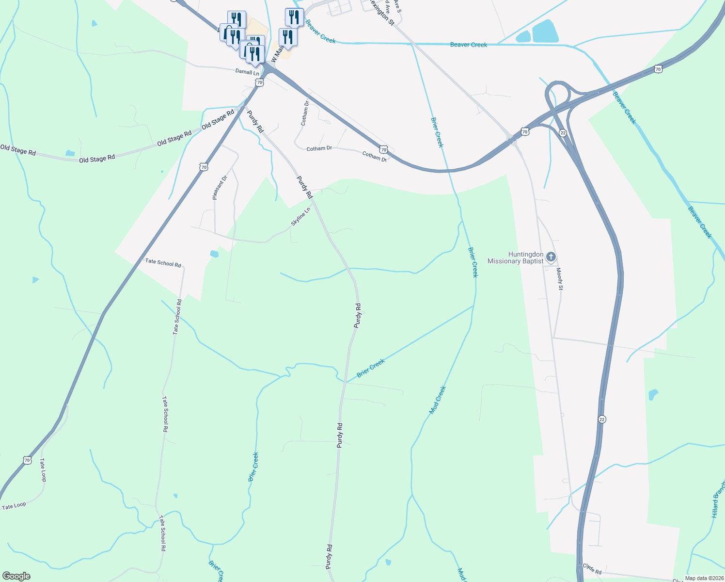 map of restaurants, bars, coffee shops, grocery stores, and more near 1085 Purdy Rd in Huntingdon