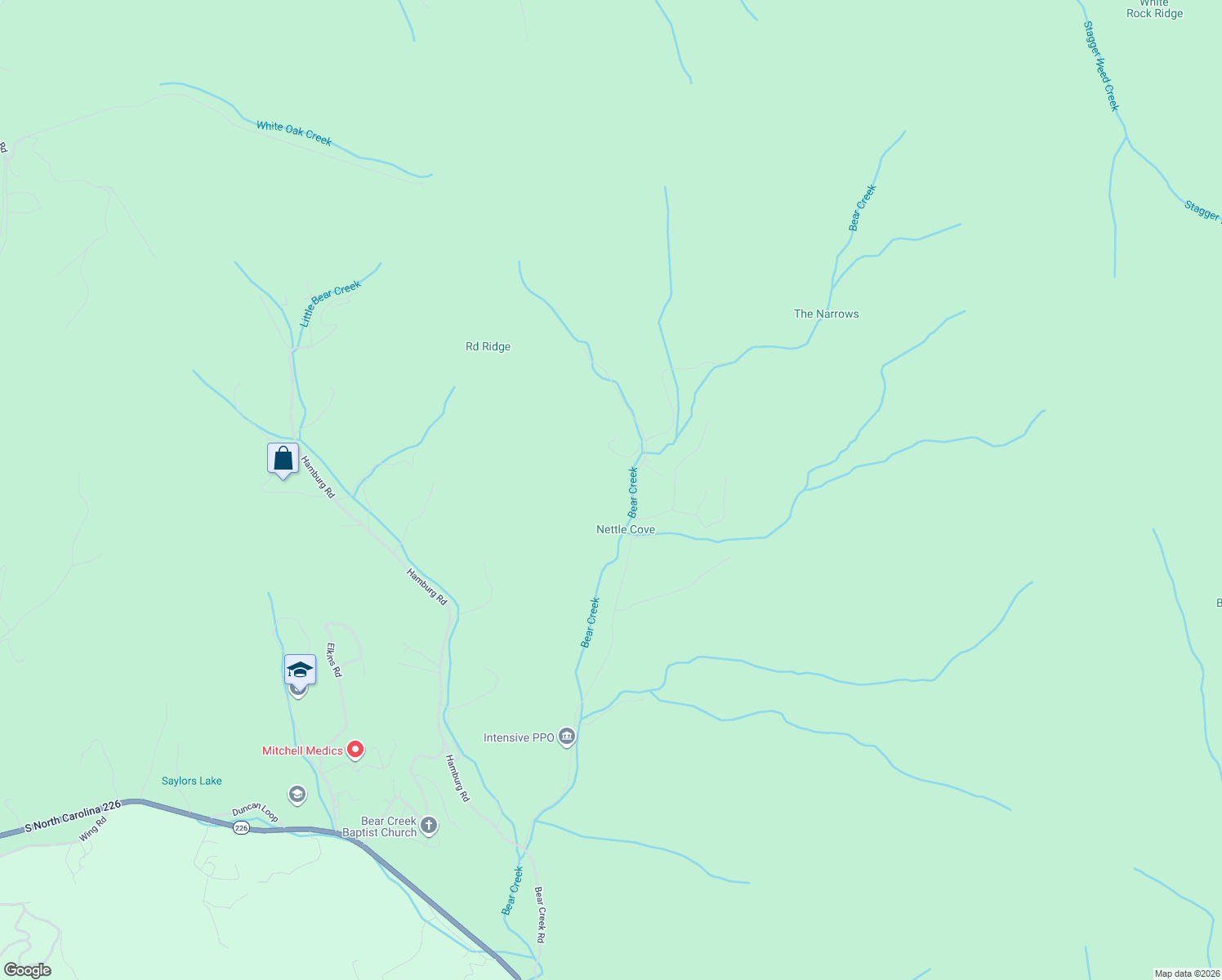 map of restaurants, bars, coffee shops, grocery stores, and more near 1655 Bear Creek Road in Bakersville