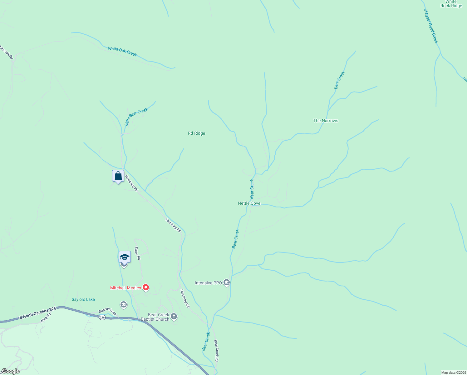 map of restaurants, bars, coffee shops, grocery stores, and more near 1655 Bear Creek Road in Bakersville