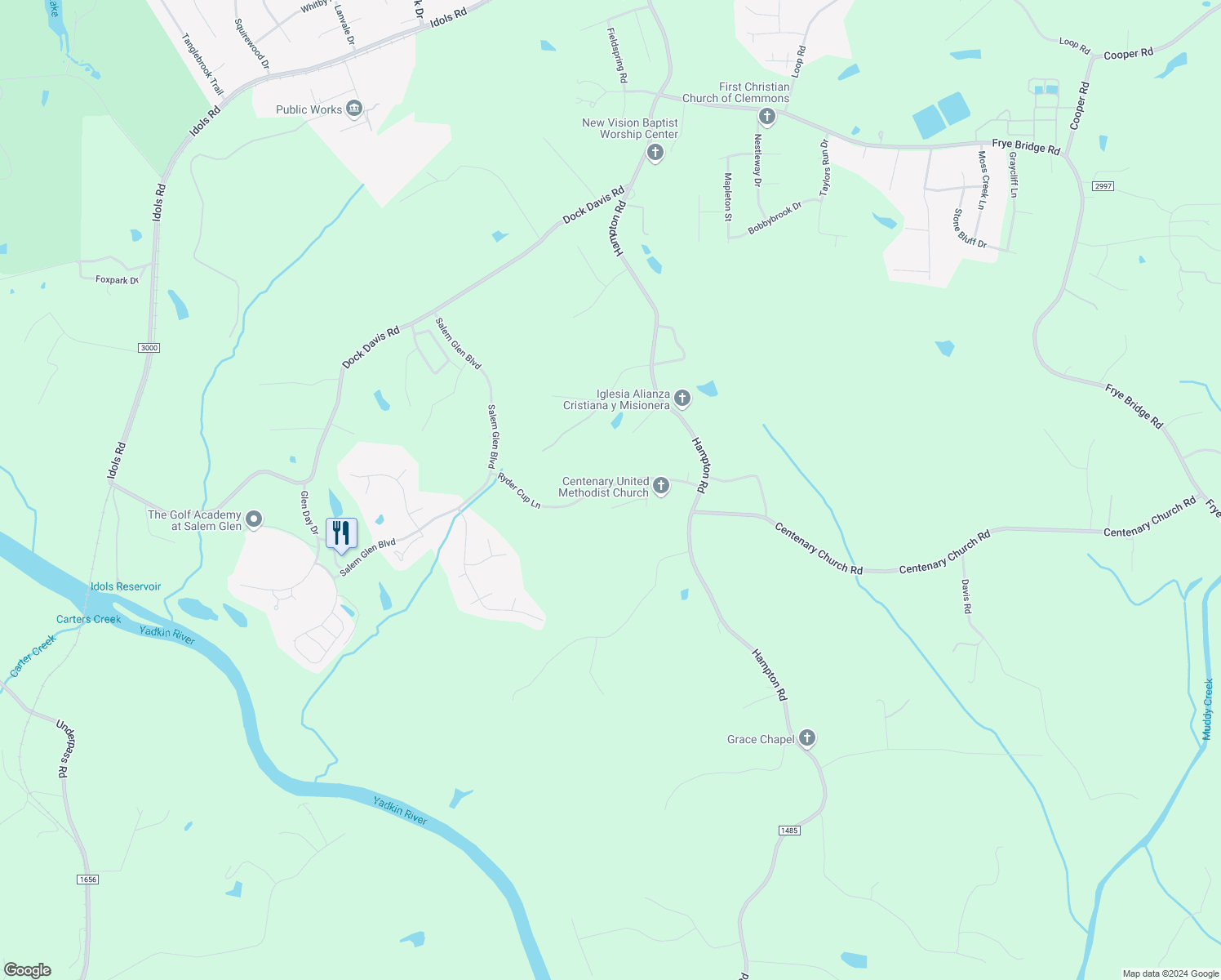 map of restaurants, bars, coffee shops, grocery stores, and more near 482 Ryder Cup Lane in Clemmons