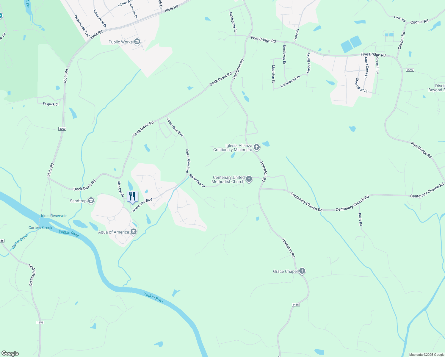 map of restaurants, bars, coffee shops, grocery stores, and more near Ryder Cup Lane in Clemmons