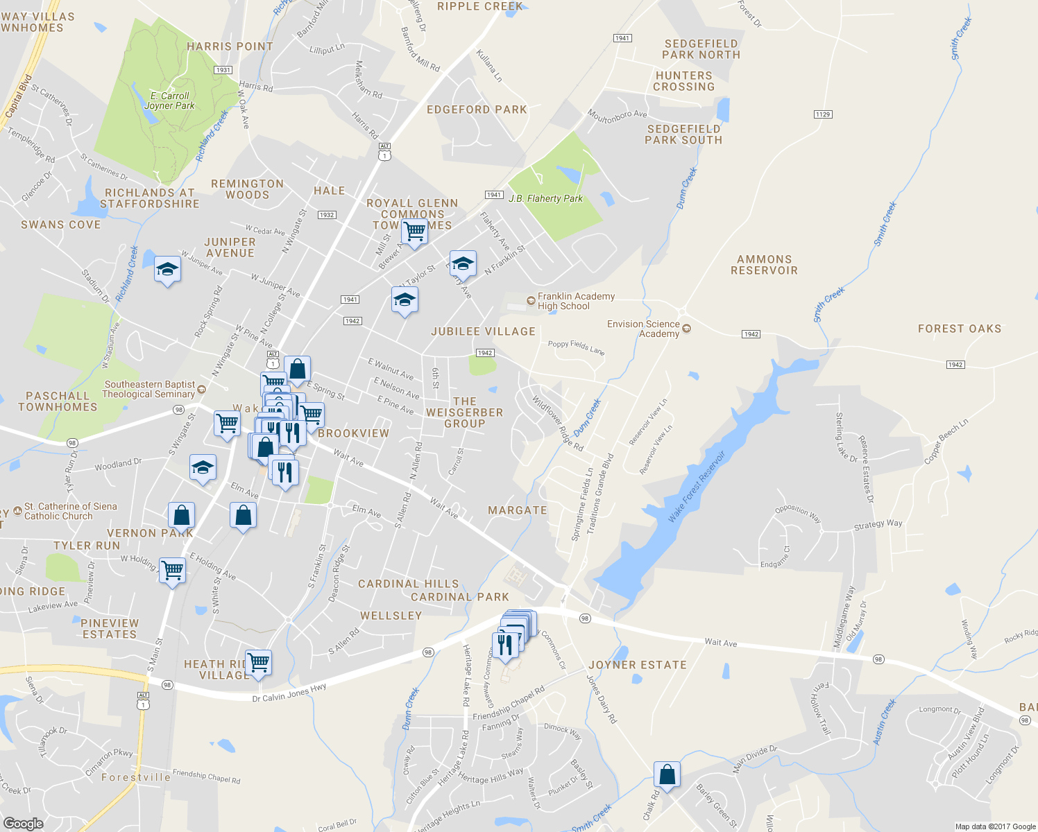 map of restaurants, bars, coffee shops, grocery stores, and more near 1133 Woodland Grove Way in Wake Forest