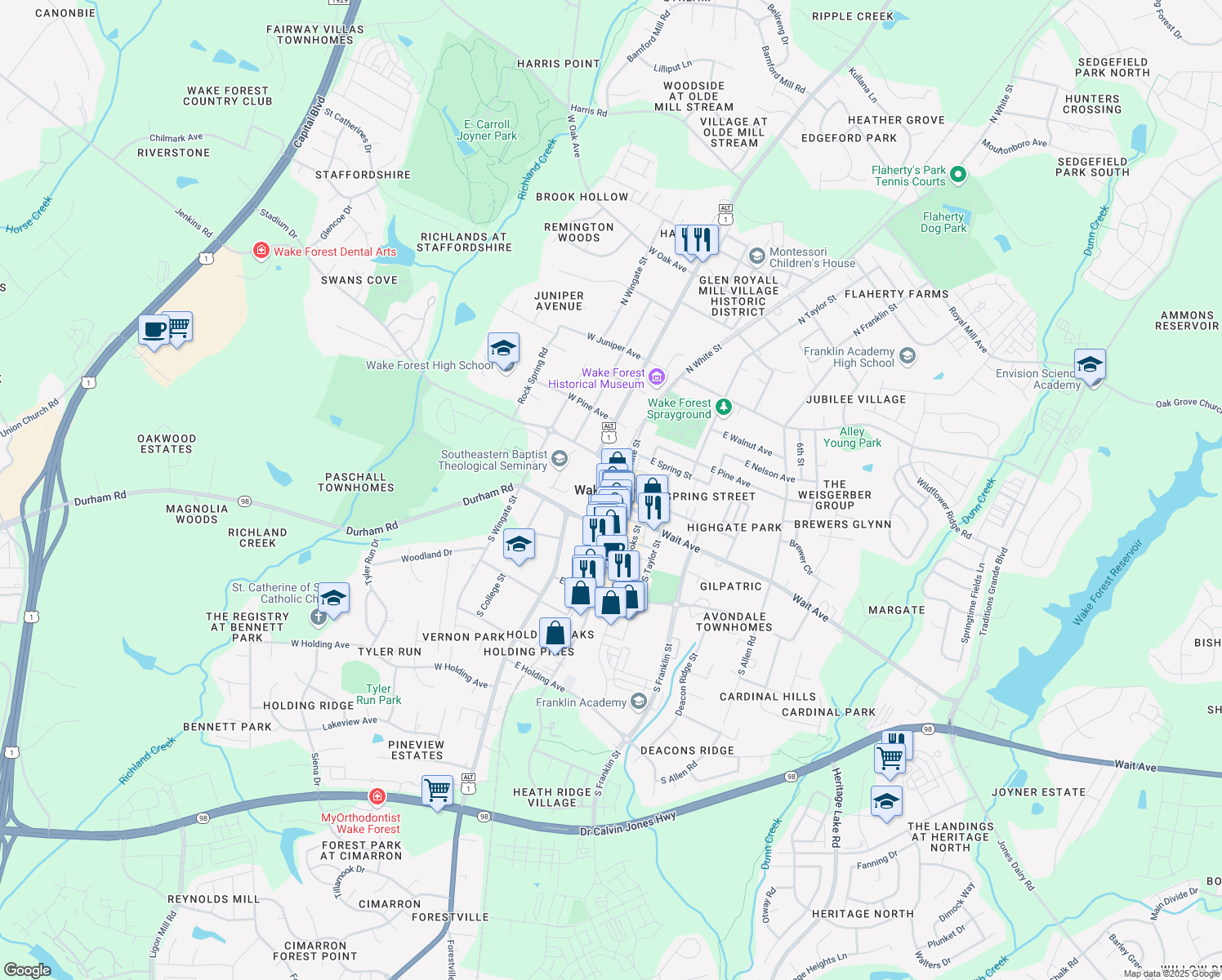 map of restaurants, bars, coffee shops, grocery stores, and more near in Wake Forest