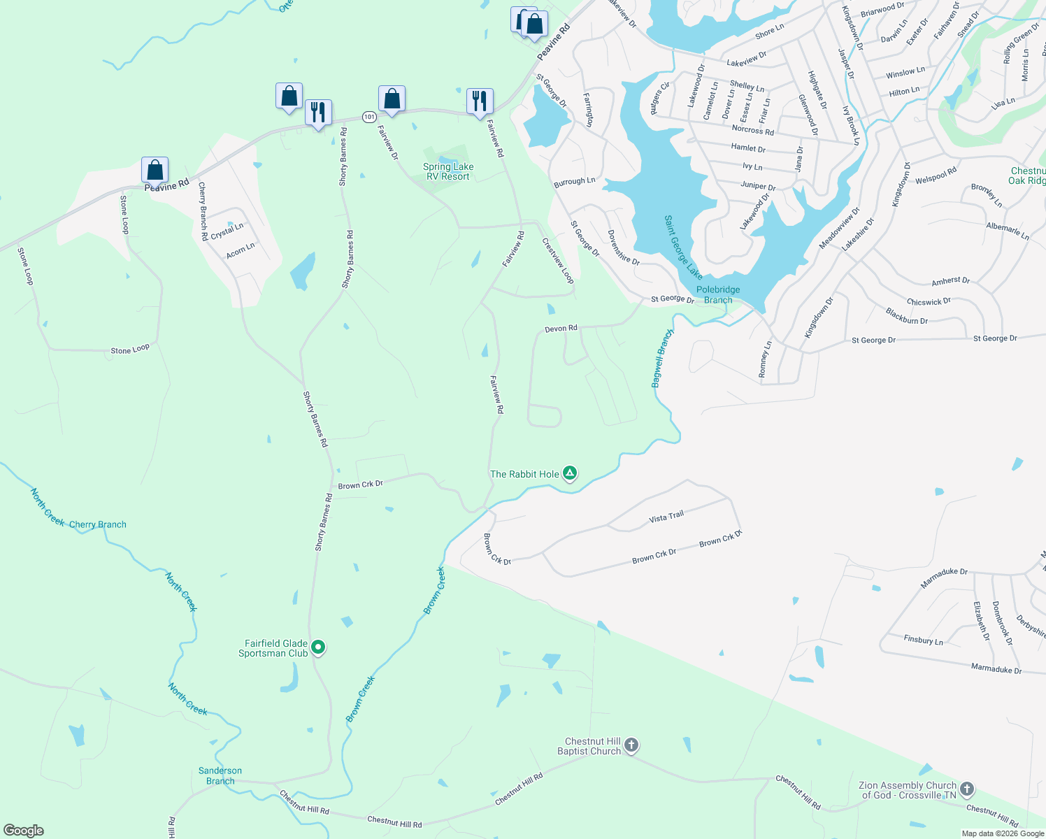 map of restaurants, bars, coffee shops, grocery stores, and more near 14 Devon Loop in Crossville