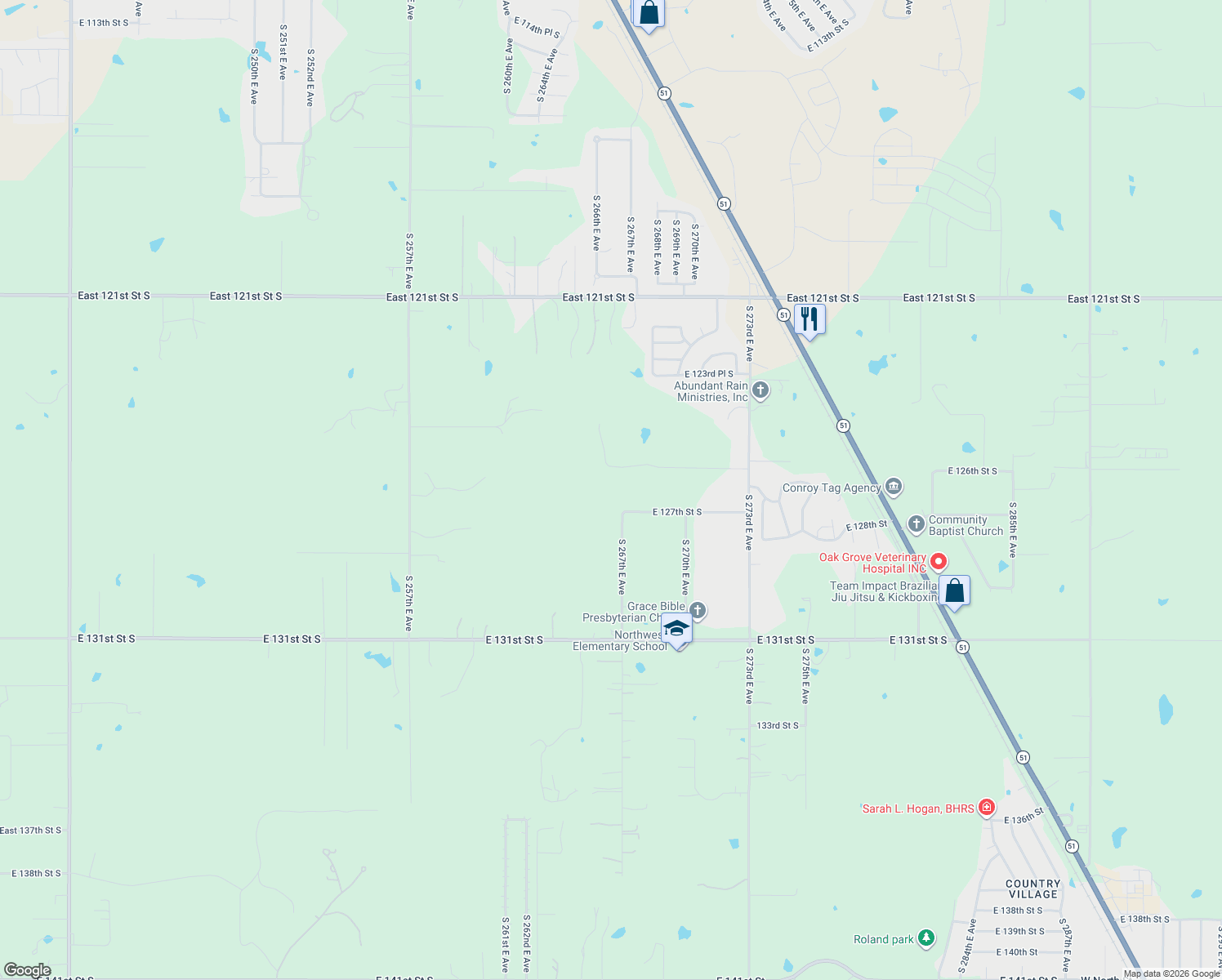 map of restaurants, bars, coffee shops, grocery stores, and more near 26701 E 127th Street South in Coweta