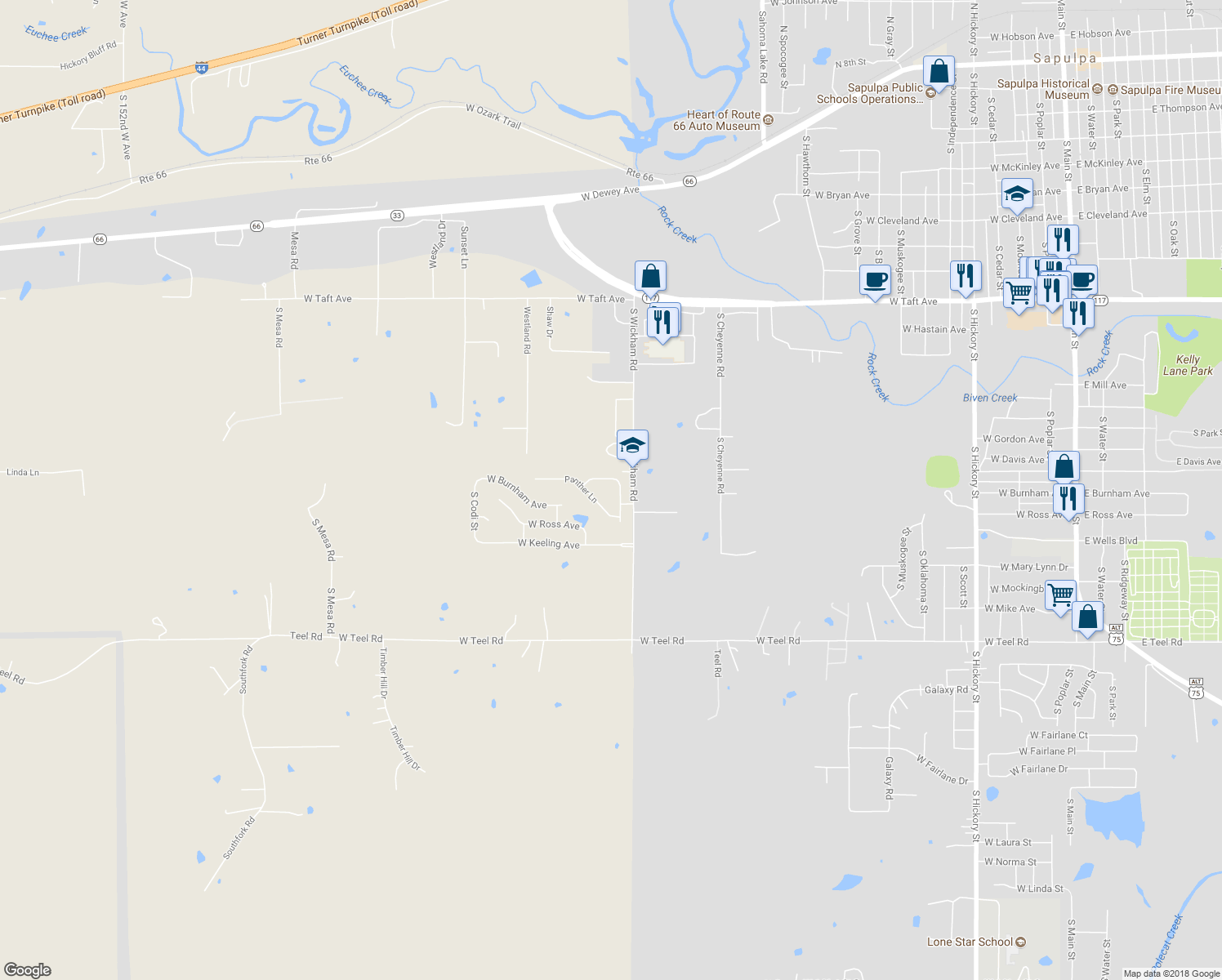 map of restaurants, bars, coffee shops, grocery stores, and more near 1160 Gunner Loop in Sapulpa