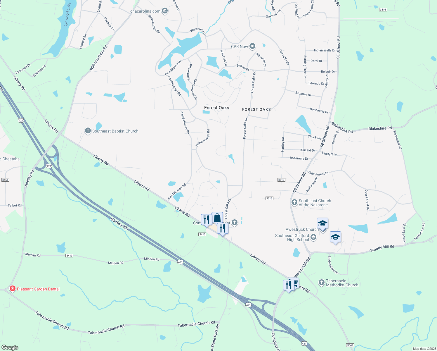 map of restaurants, bars, coffee shops, grocery stores, and more near 5106 Edinborough Road in Greensboro