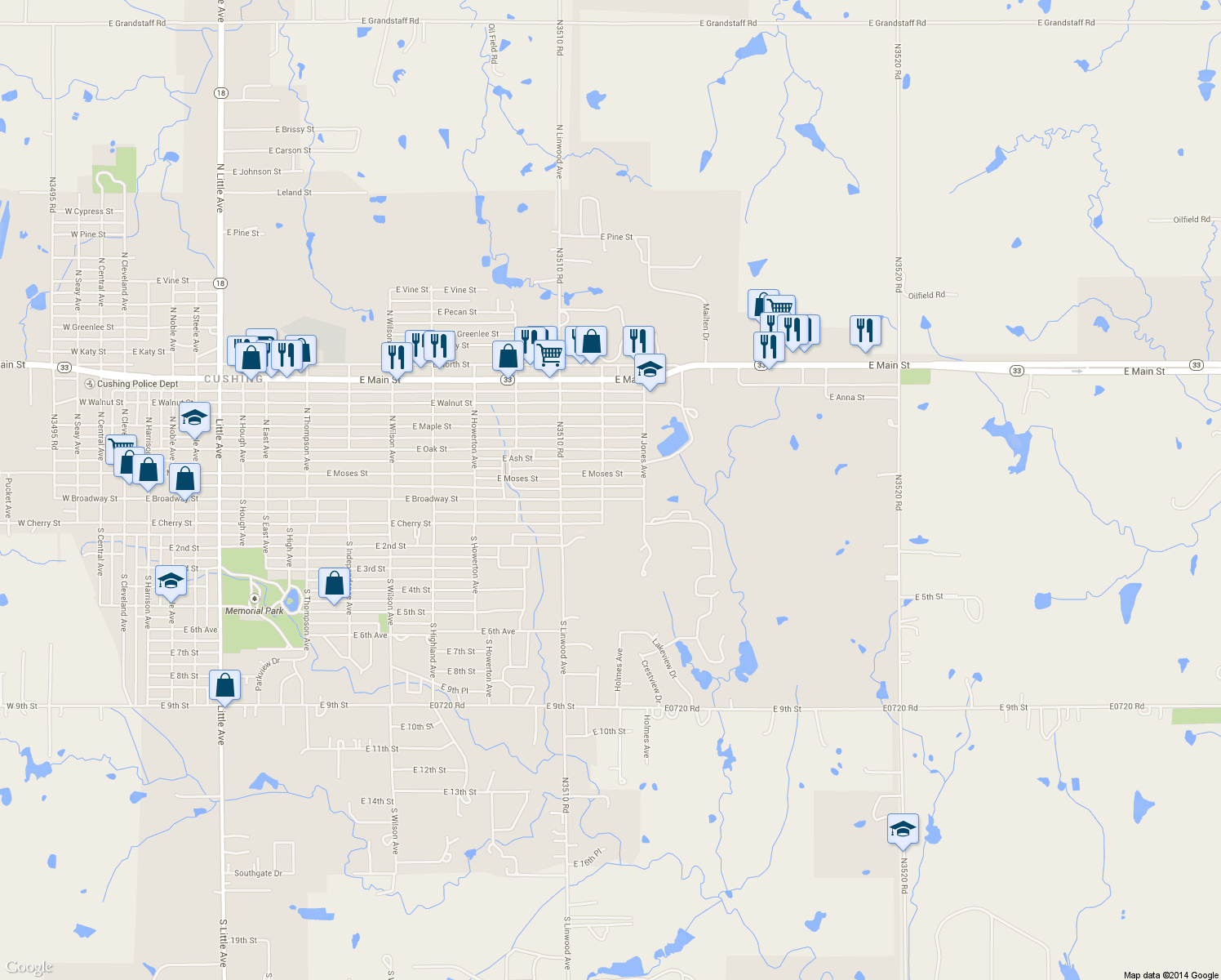 map of restaurants, bars, coffee shops, grocery stores, and more near 1504 E Broadway St in Cushing
