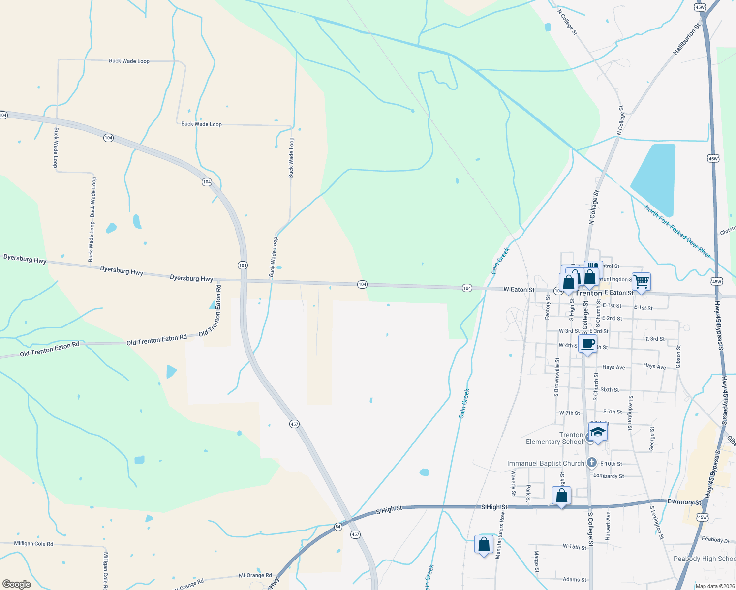 map of restaurants, bars, coffee shops, grocery stores, and more near 69 Dyersburg Highway in Trenton