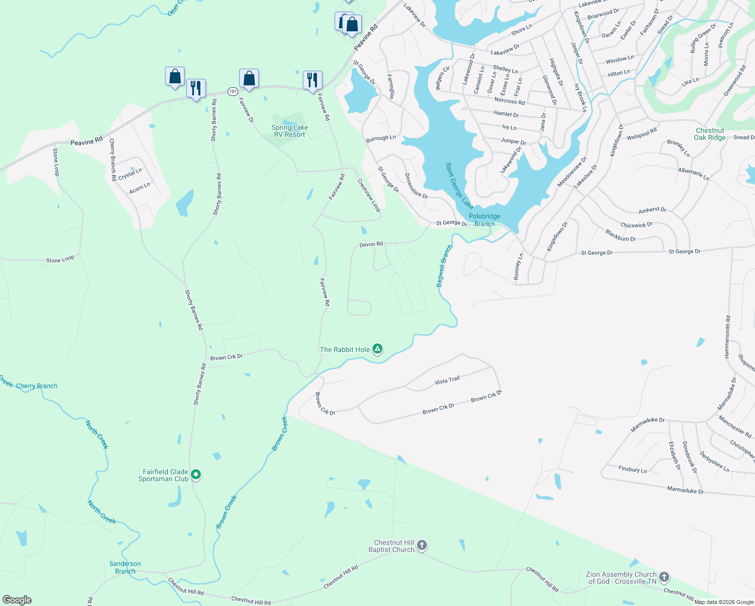 map of restaurants, bars, coffee shops, grocery stores, and more near 30 Devon Loop in Crossville