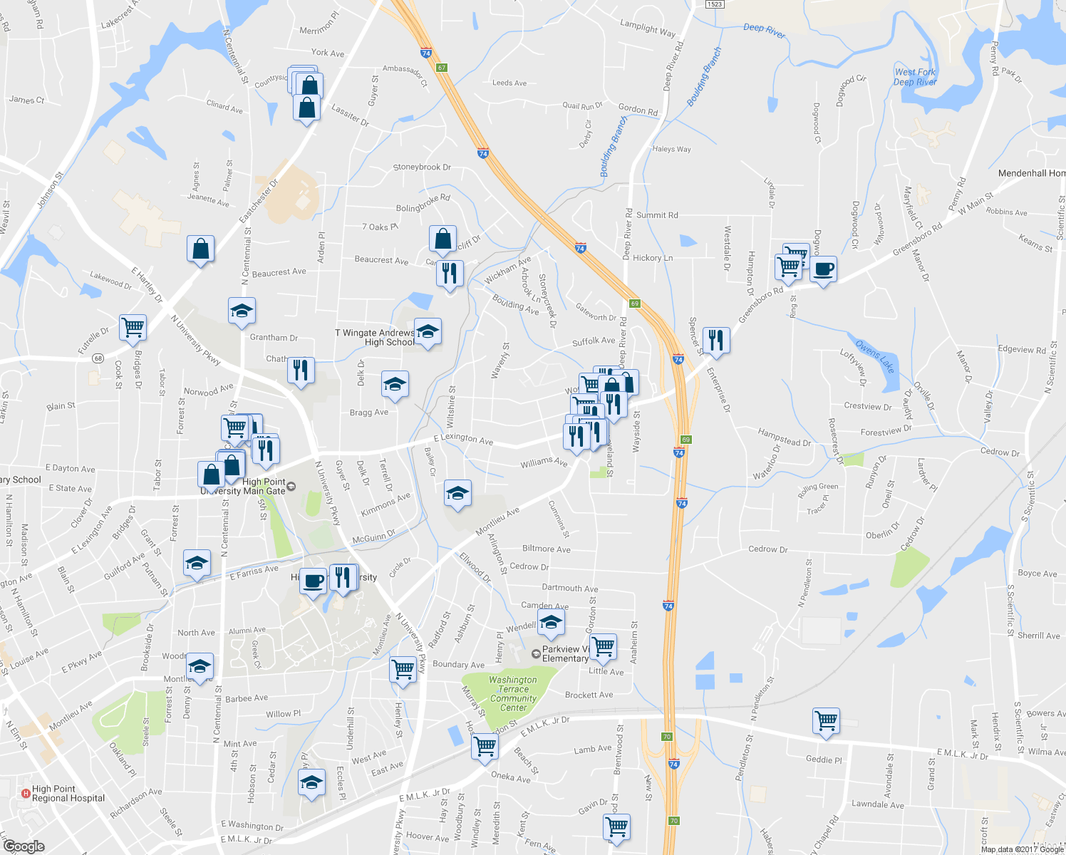 map of restaurants, bars, coffee shops, grocery stores, and more near 2422 Dallas Avenue in High Point