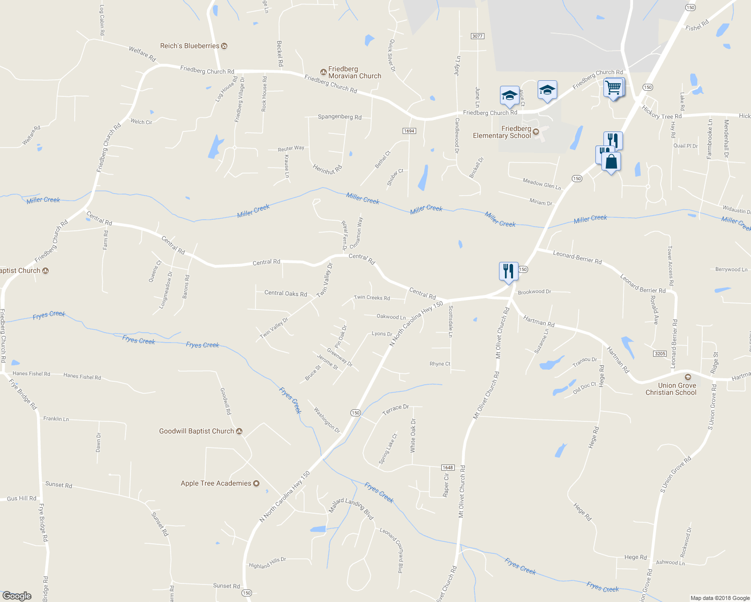 map of restaurants, bars, coffee shops, grocery stores, and more near 233 Twin Creeks Road in Clemmons