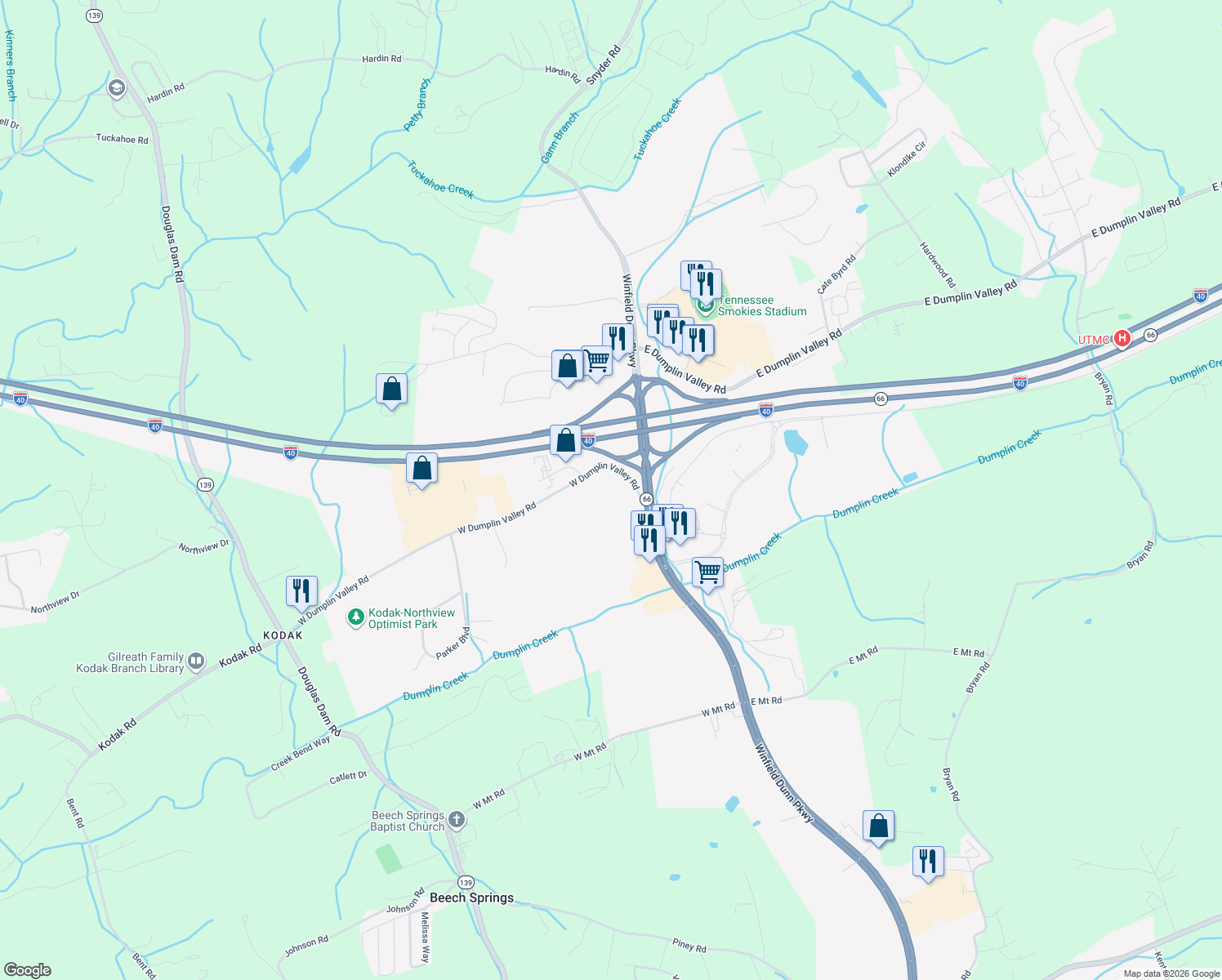 map of restaurants, bars, coffee shops, grocery stores, and more near 119 W Dumplin Valley Rd in Sevierville