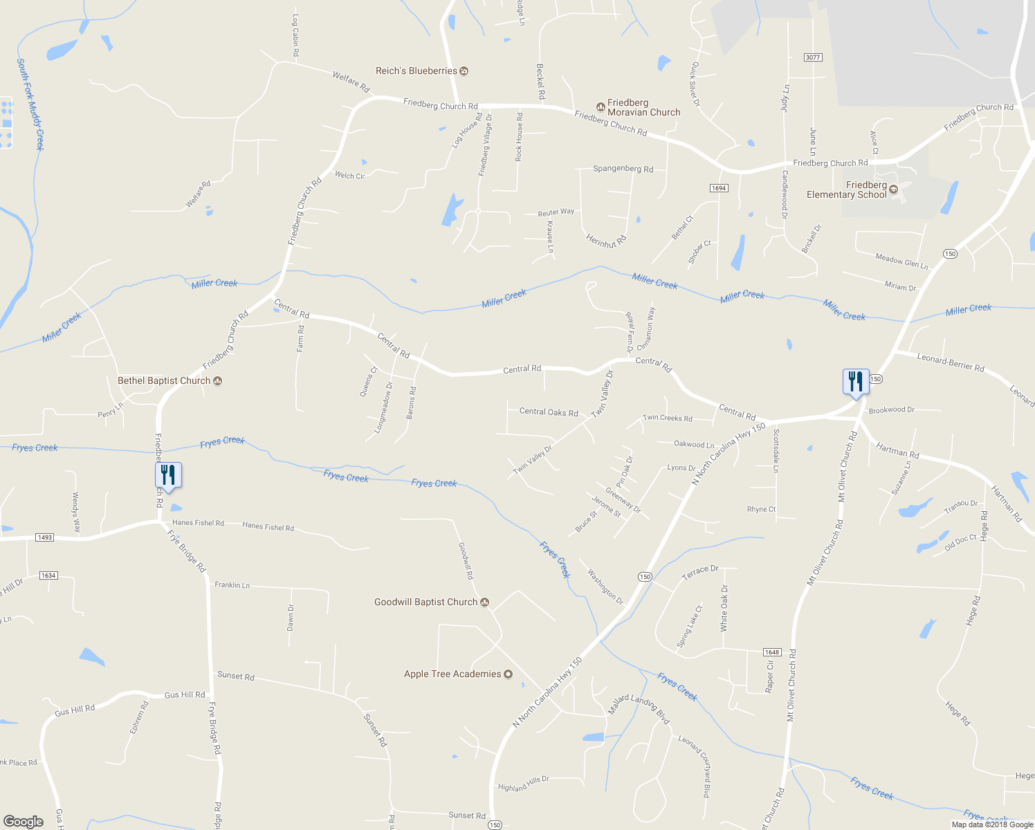 map of restaurants, bars, coffee shops, grocery stores, and more near 363 Central Oaks Road in Clemmons