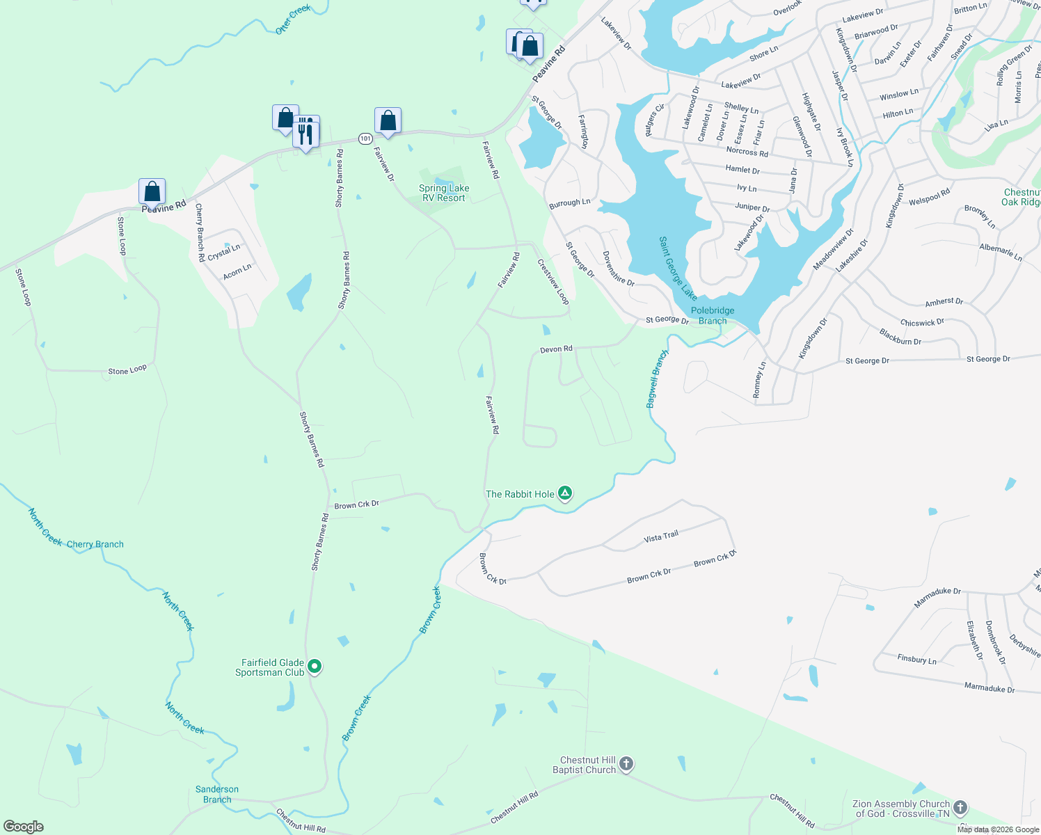 map of restaurants, bars, coffee shops, grocery stores, and more near 14 Devon Loop in Crossville