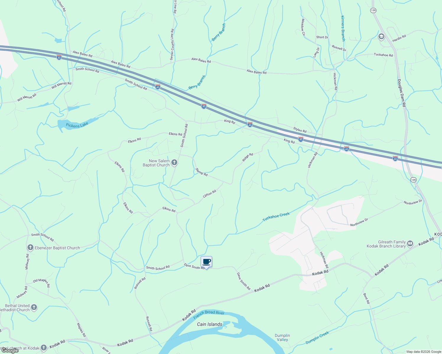 map of restaurants, bars, coffee shops, grocery stores, and more near 10419 Slemp Road in Kodak