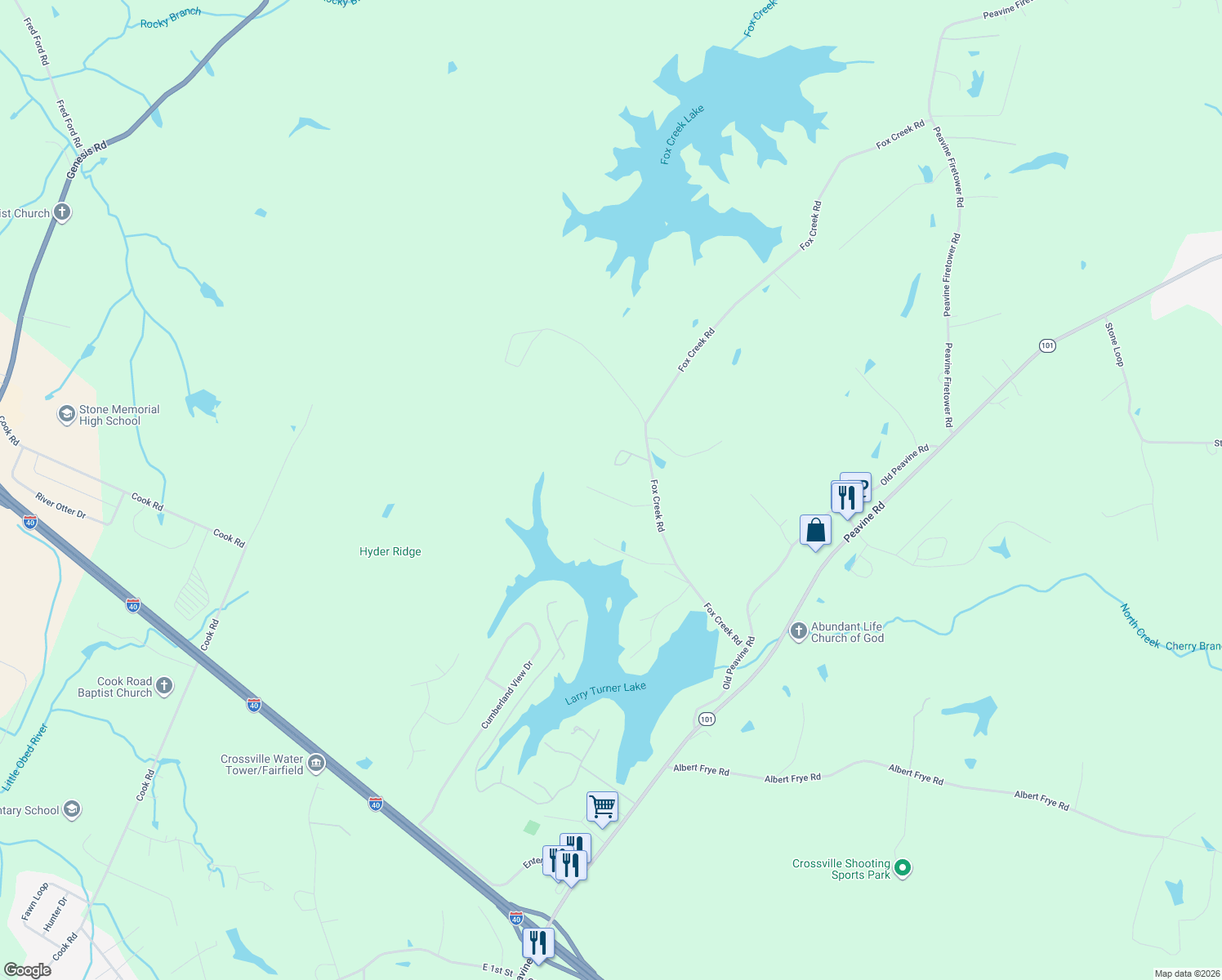 map of restaurants, bars, coffee shops, grocery stores, and more near 196 Fox Run Road in Crossville