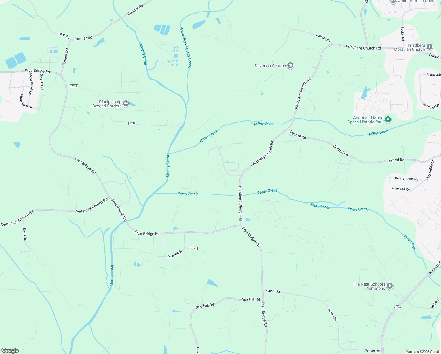 map of restaurants, bars, coffee shops, grocery stores, and more near 105 Creeks Edge Court in Clemmons
