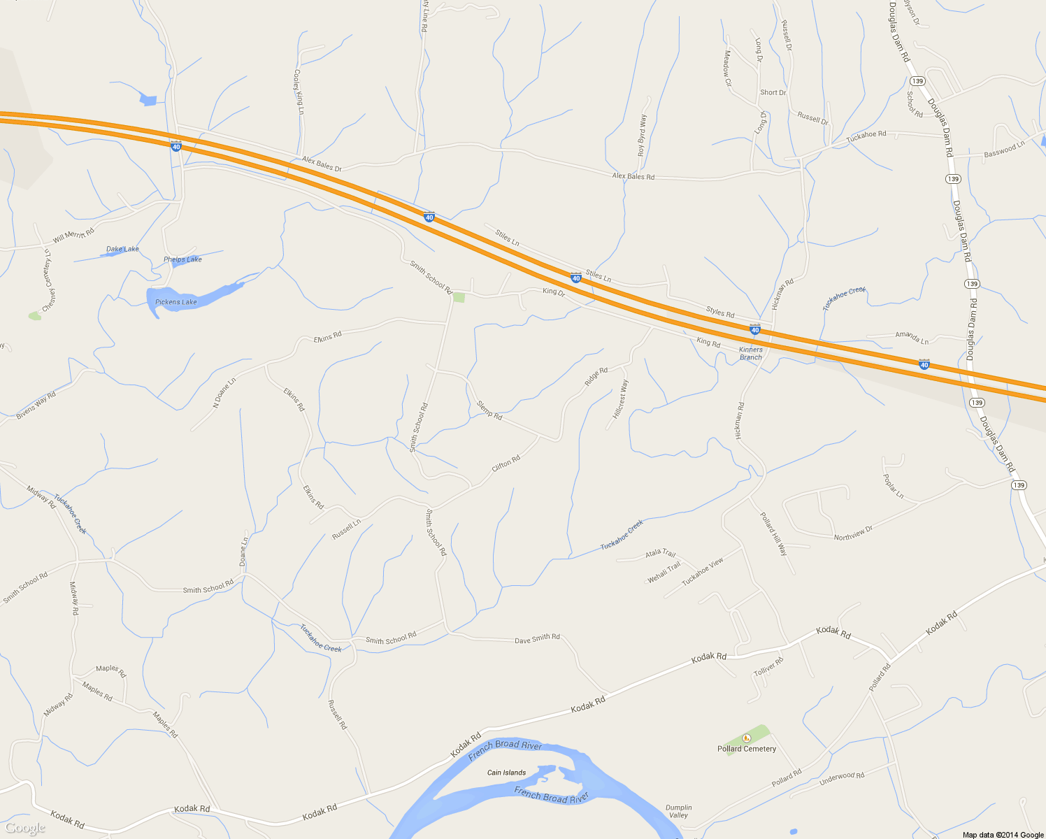 map of restaurants, bars, coffee shops, grocery stores, and more near 10419 Slemp Road in Kodak