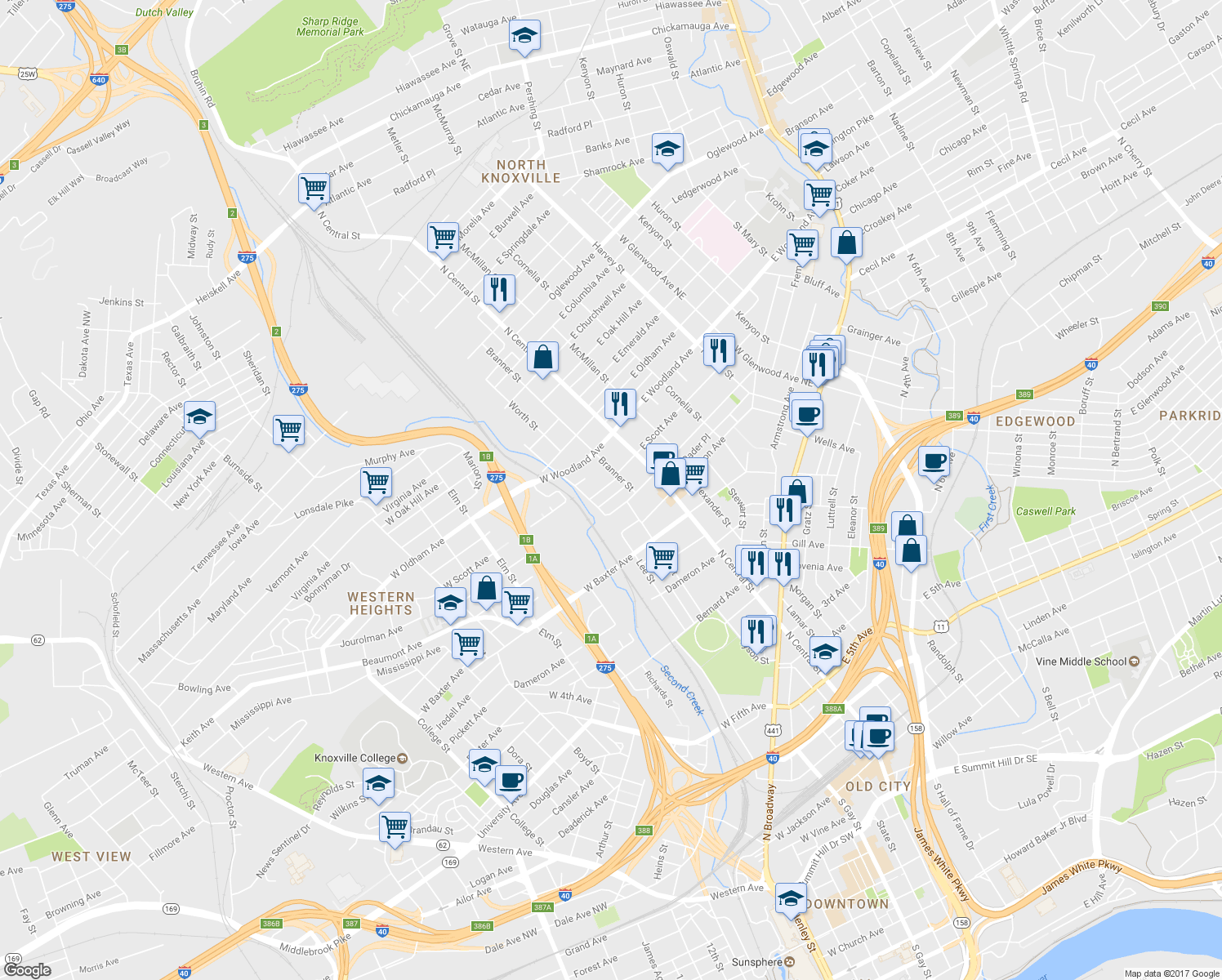 map of restaurants, bars, coffee shops, grocery stores, and more near 214 West Scott Avenue in Knoxville