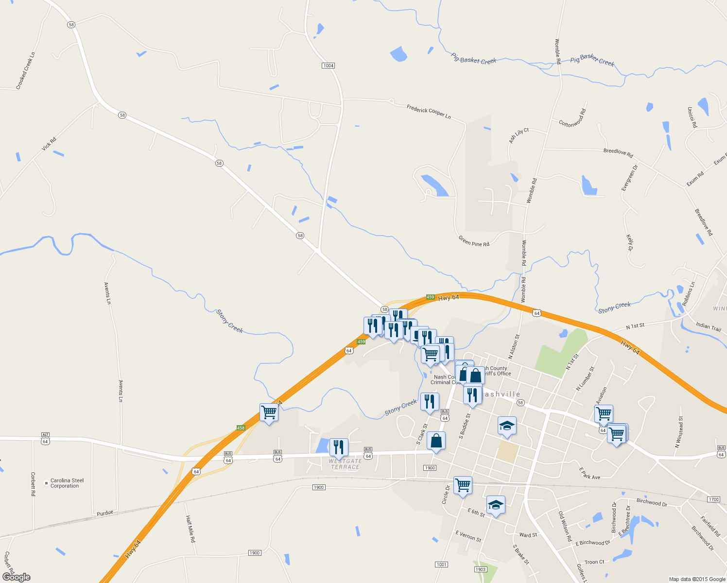 map of restaurants, bars, coffee shops, grocery stores, and more near North Carolina 58 in Nashville