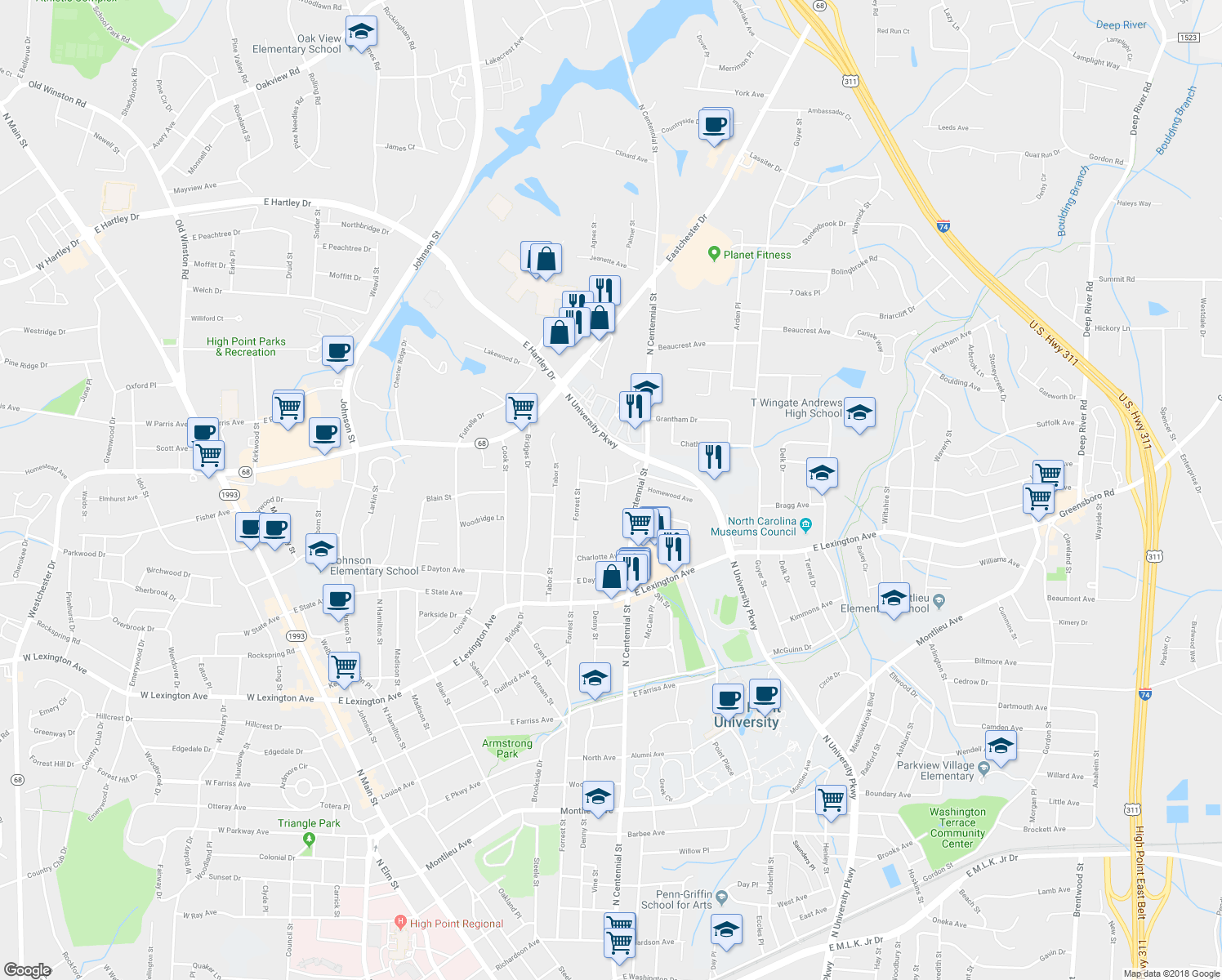 map of restaurants, bars, coffee shops, grocery stores, and more near 914 Norwood Avenue in High Point