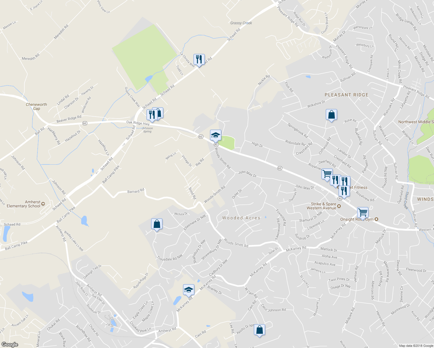 map of restaurants, bars, coffee shops, grocery stores, and more near 2601 Tekoa Street in Knoxville